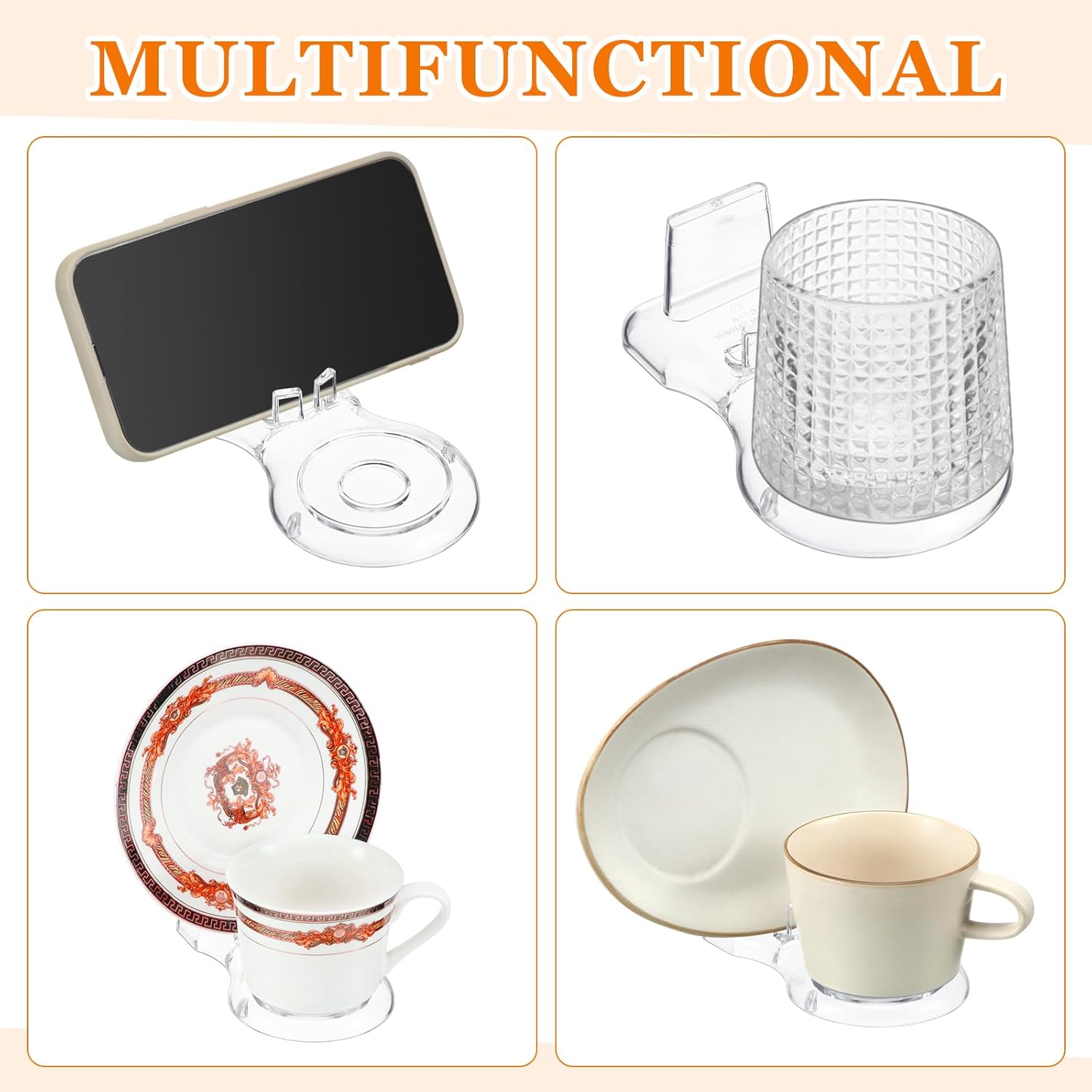 16 pack Acrylic China Dinnerware Display Stand 8 Pcs 3 Tiers Clear Plate Dish Platters Setting Holder and 8 Pcs Tea Cup Saucer Stand for Kitchenware Tableware Display Organizer