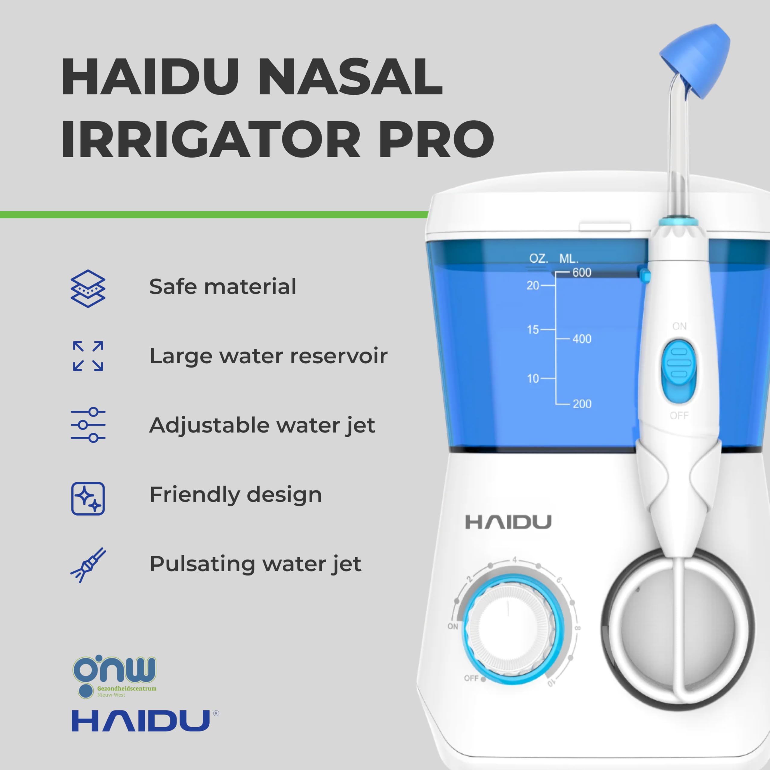 HAIDU Lave-Nez Électrique Pro, Irrigation Nasale avec Pulvérisation d’Eau, 4 Embouts & Réservoir 600 ml, Soulagement Naturel du Nez Bouché, Allergies & Sinusite