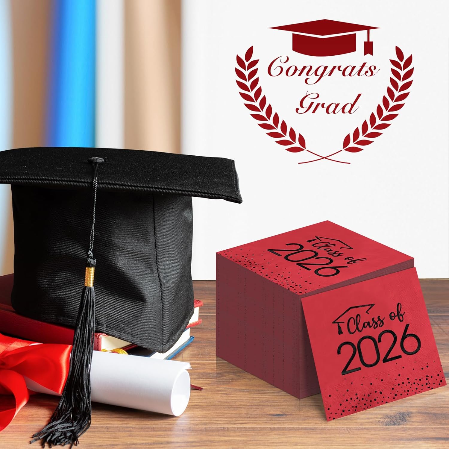 200Pcs Class of 2026 Graduation Napkins, Disposable Congrats Grad Paper Cocktail Napkins Square Foil Dot Hand Towels for 2026 School University College Graduation Party Decorations (Red and Black）
