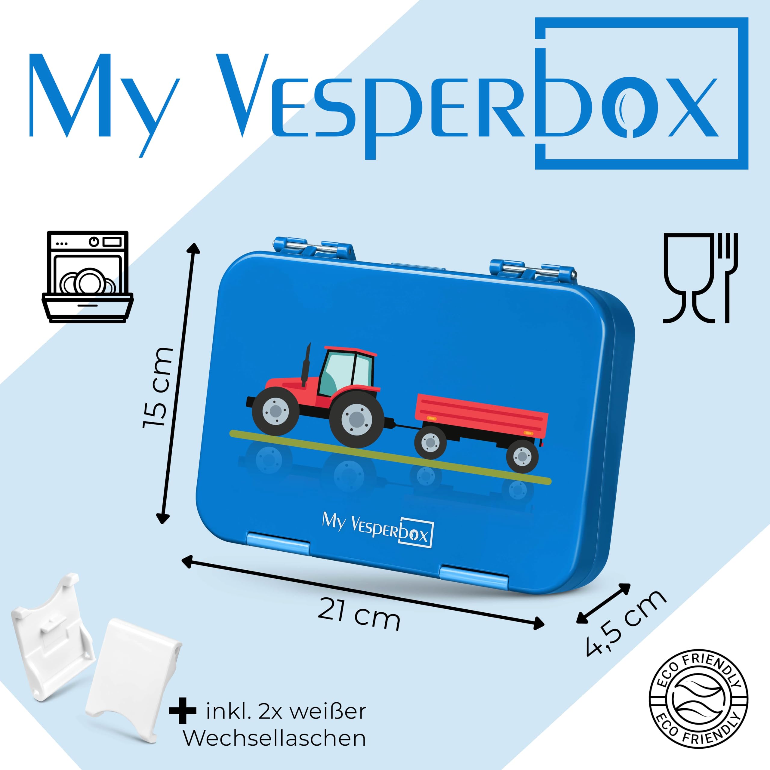 My Vesperbox – Boîte à repas pour enfants 4 2 compartiments Extrêmement robuste déjeuner pain idéale la maternelle et l'école… (bleu - tracteur avec pendentif