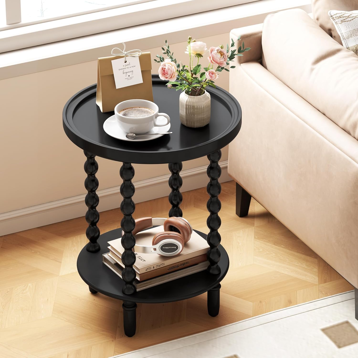 Round Side Table with Storage Shelf, 2 Tier Accent End Table with Spindle Legs, Modern Nightstand Beside Table for Living Room, Bedroom, Office, Black