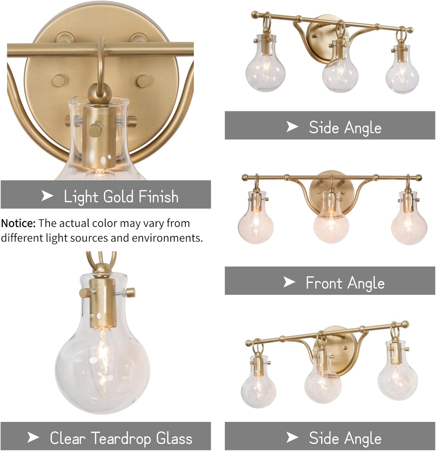 KSANA Gold Bathroom Light Fixtures, 20'' Modern Vanity Lights with Clear Teardrop Glass Shade, 3-Light Bathroom Lighting Over Mirror