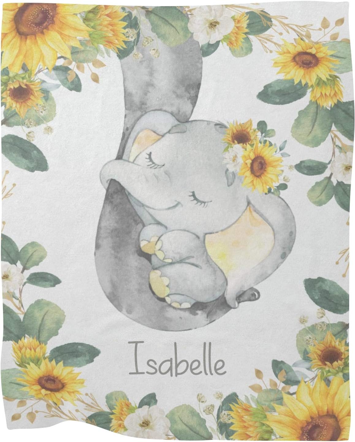 Sunflower Elephant Baby Girl Blankets with Name Custom Personalzied Baby Nursery Super Soft Fleece Blanket for Boy Girl Birthday 30x40 Inches