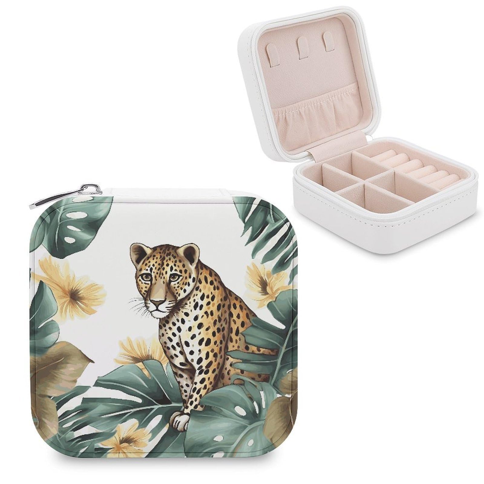 JTREHY Travel Leopard And Palm Leaves Jewelry Case Portable Display Storage Box PU Leather Mini Jewelry Travel Case Personalized Travel Jewelry Organizer Small Jewelry Box for Women