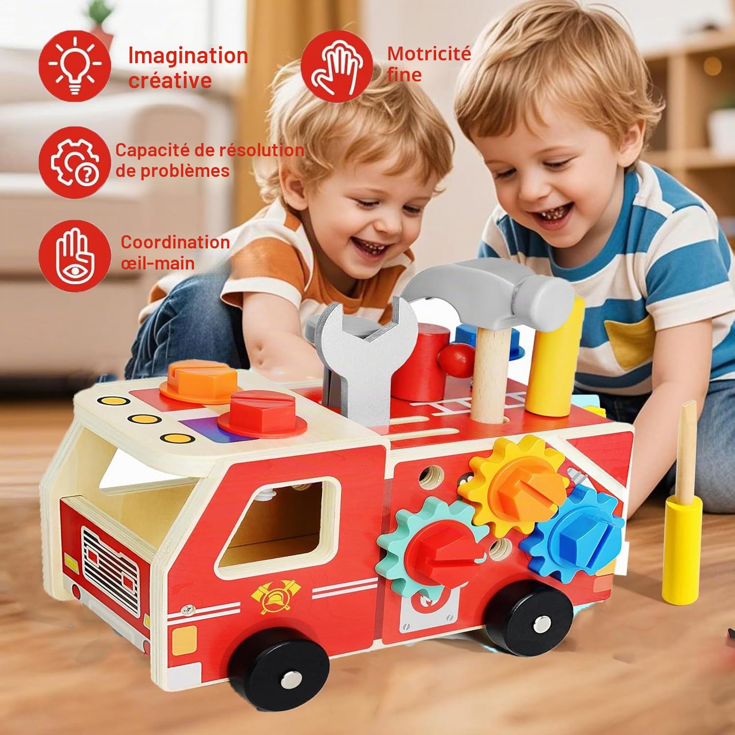 Jeu d'Outils en Bois pour Enfants, Camion de Pompier 4 en 1 Transformable en Établi avec Boîte à Outils, Jouets Montessori d'Imitation et de Bricolage, Cadeau Éducatif pour Garçons et Filles de 3+ Ans