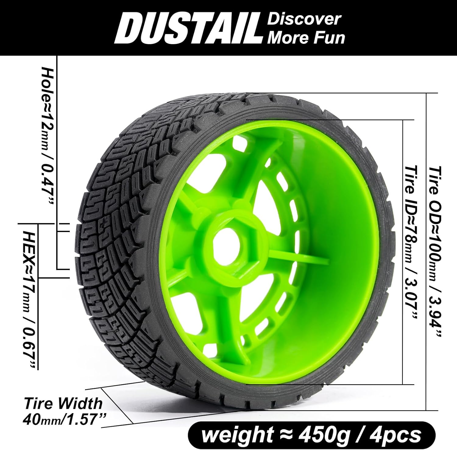 Pre-Glued Wheel & Street Rally Tire Set for 1/7 1/8 RC Car, Fits ARRMA Infraction/Felony, MJX 7303, KM C3, 100 x 40 mm Rubber, 17 mm Hex, EVA Insert, 4 pcs, Green