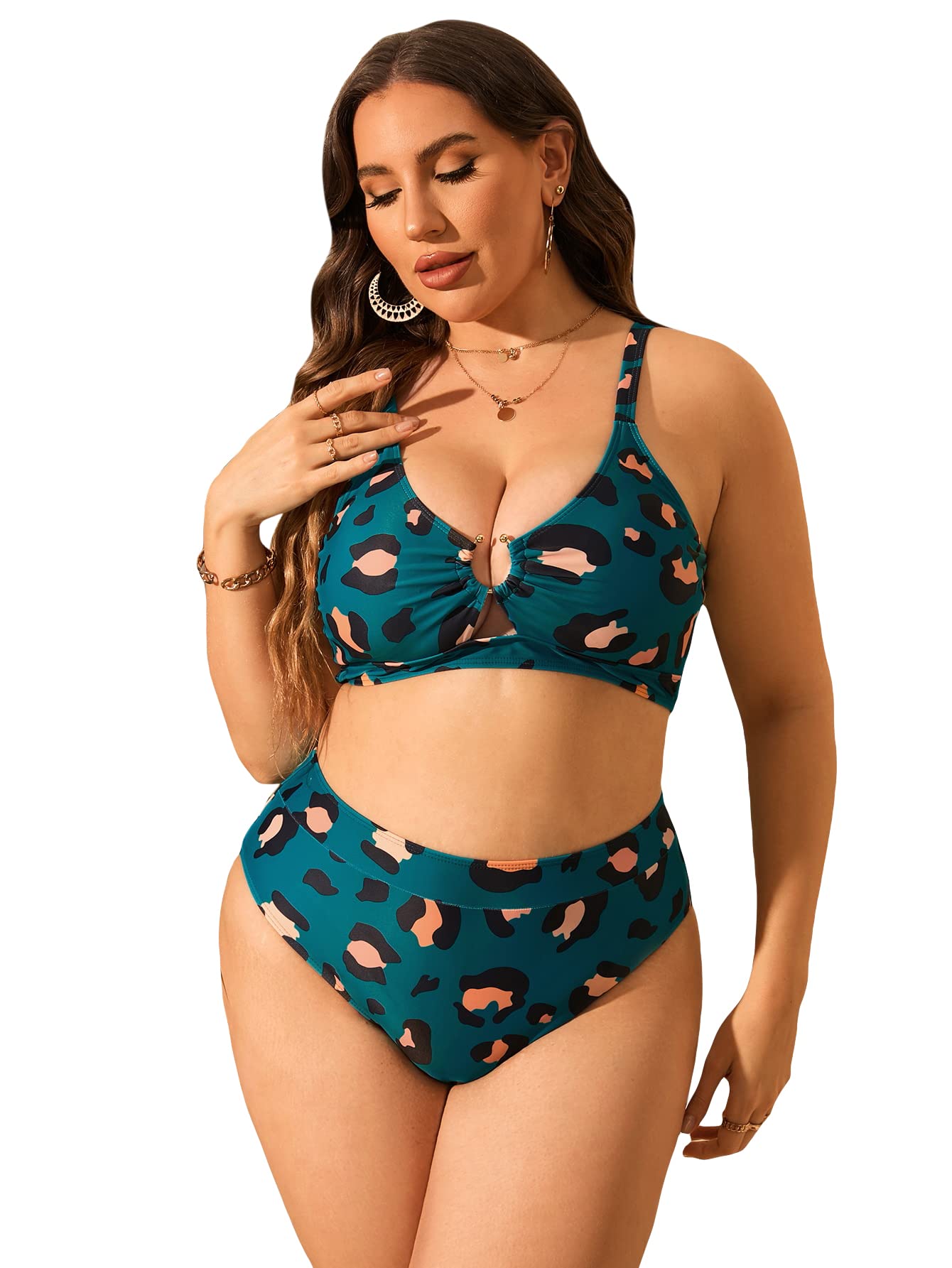 MakeMeChicWomen's Plus Size 2 Piece Bathing Suits Leopard Print Ring High Waisted Bikini Swimsuit