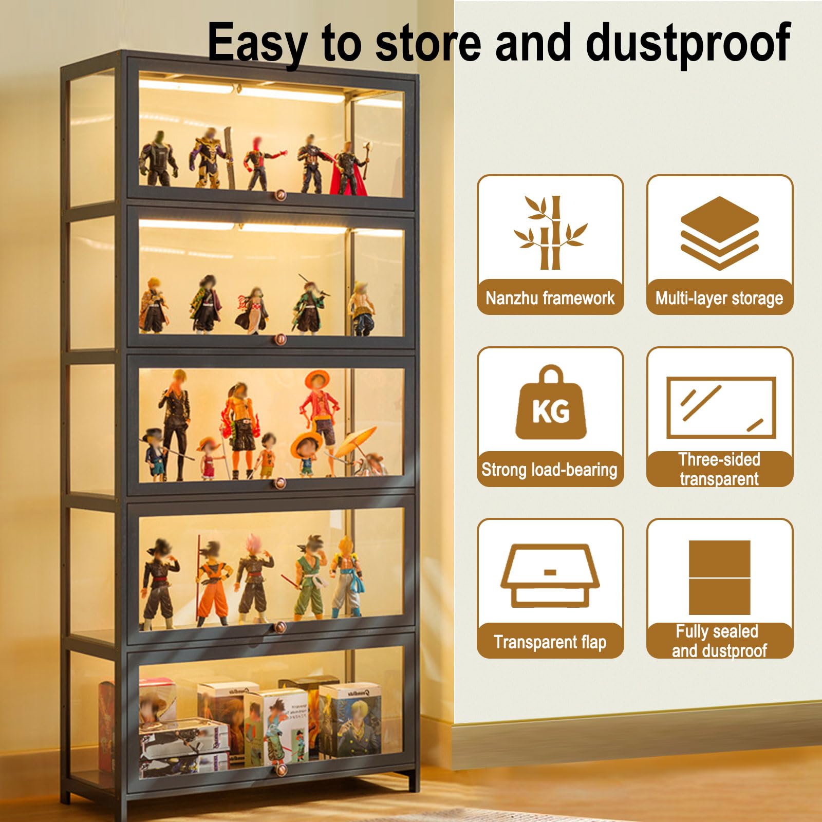 Vetrina Espositiva In Bambù - 70x32x106 Cm, Porte A Ribalta, Antipolvere, Per Collezionismo