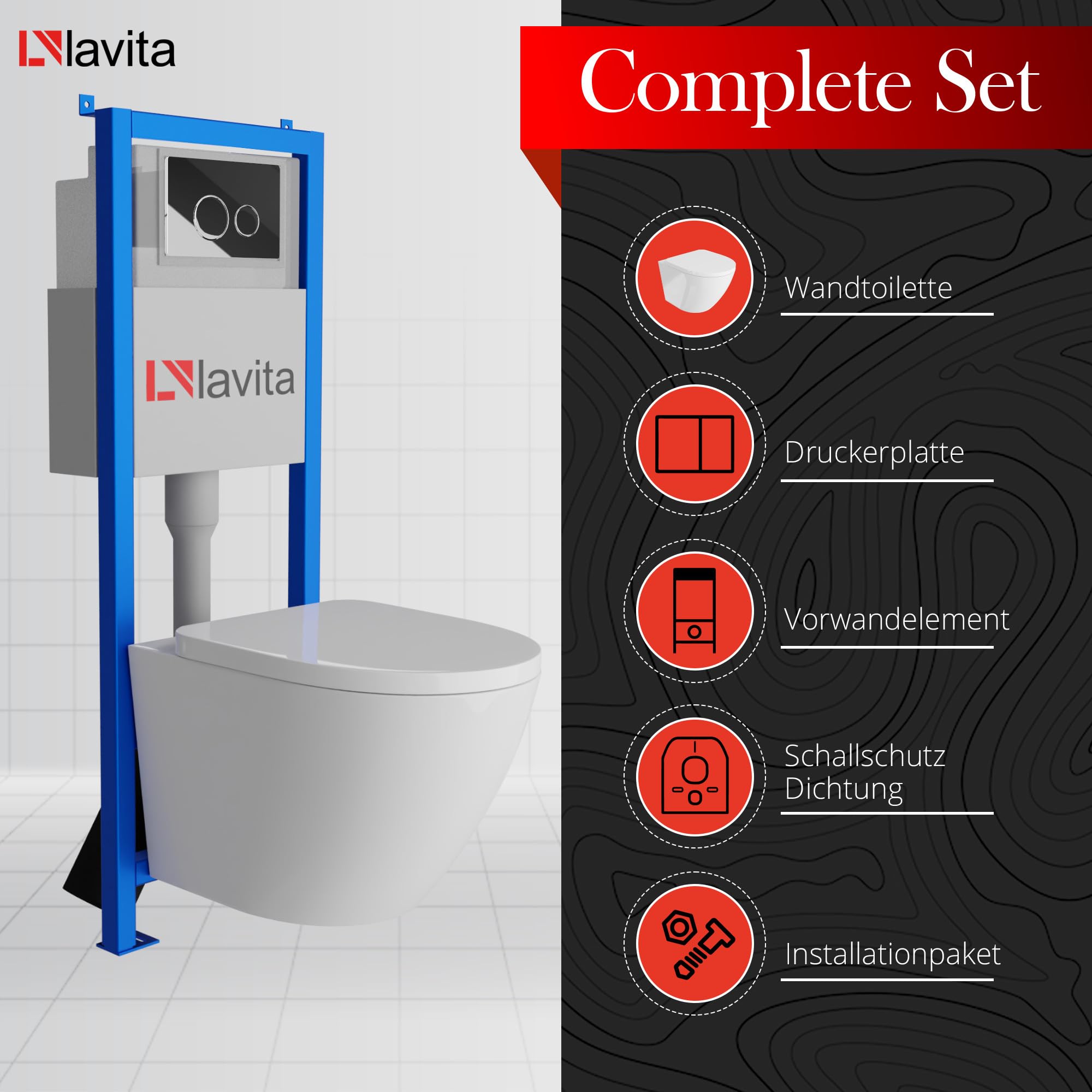 Lavita LAV 101 Élément de pré-installation pour WC 40cm + WC suspendu à rinçage profond SOFI Blanc sans rebord + Plaque de commande LAV 200.4.2 Chromé + Abattant WC avec système d'abaissement