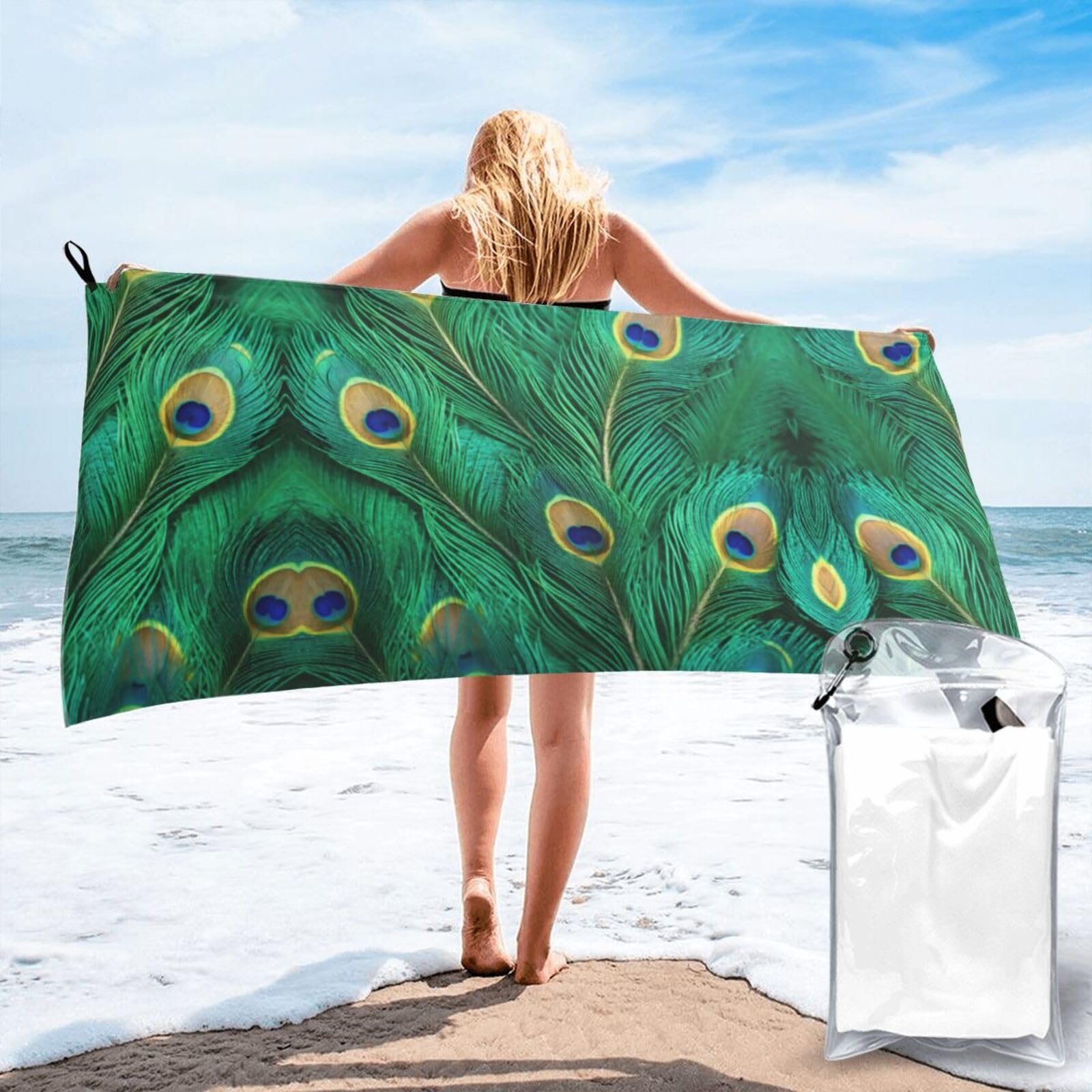 DIEzig Green Peacock Feather Print Beach Towel Fast Dry Thin For Holiday Vacation Cruise Gym Swimmers
