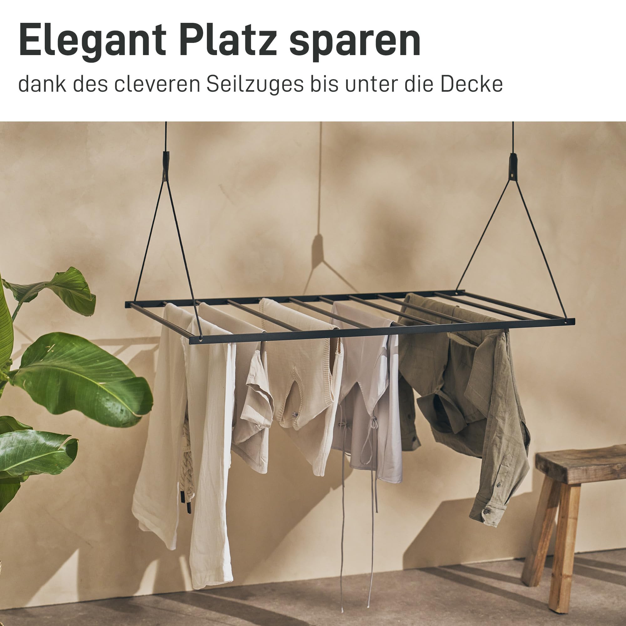 Natural Goods Berlin platzsparender Wäscheständer Swing 56x110 cm schwarz/Deckenwäscheständer aus robustem Stahl/Stabiler Wäscheständer Decke/Deckenwäschetrockner mit raumsparendem Design