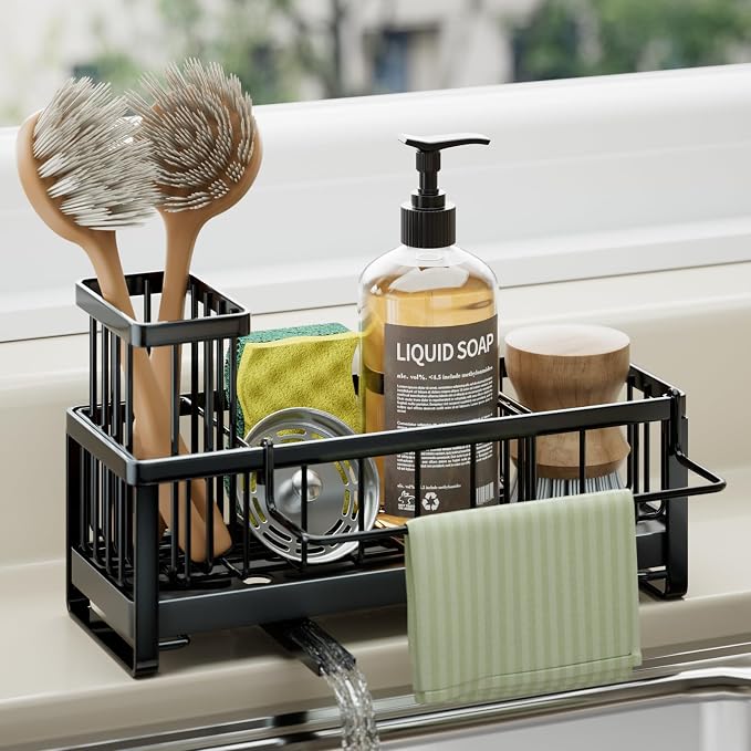 HapiRm Sponge Holder for Kitchen Sink - Self-draining Sink Caddy With Brush and Dishcloth Holders, Stainless Steel Kitchen Organizer for Countertop - Black