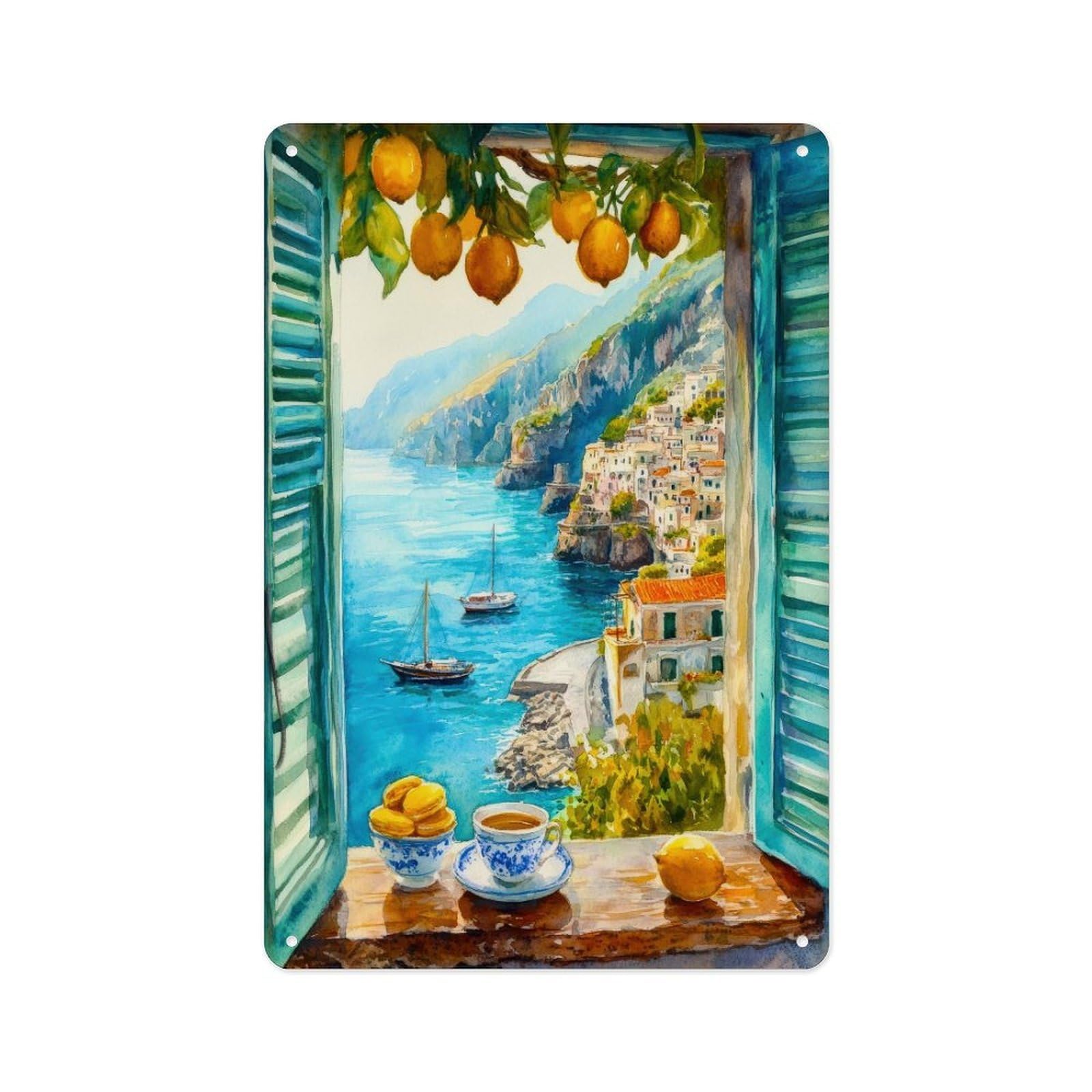 peiyeety Metal Tin Sign Amalfi Coast Watercolor Poster Italian Mediterranean Coast Landscape Decor Gift for European Enthusiasts 8 X 12 Inch
