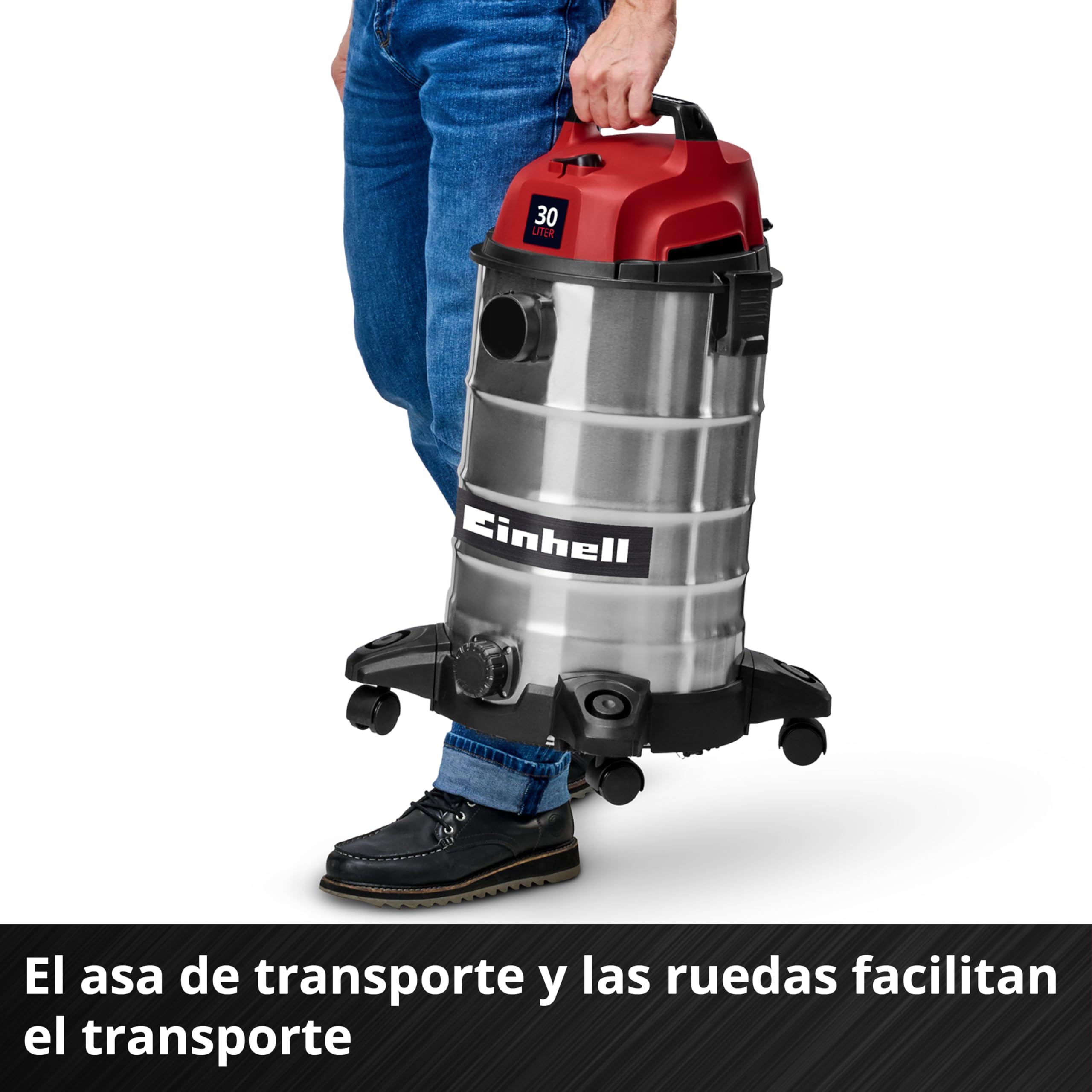 Einhell Aspirador en seco y húmedo TC-VC 3055 S (950 W, 190 mbar de Potencia de aspiración, Recipiente de Acero Inoxidable de 30 L, Ruedas, Soporte para Accesorios, Incl. DIV. filtros y boquillas)
