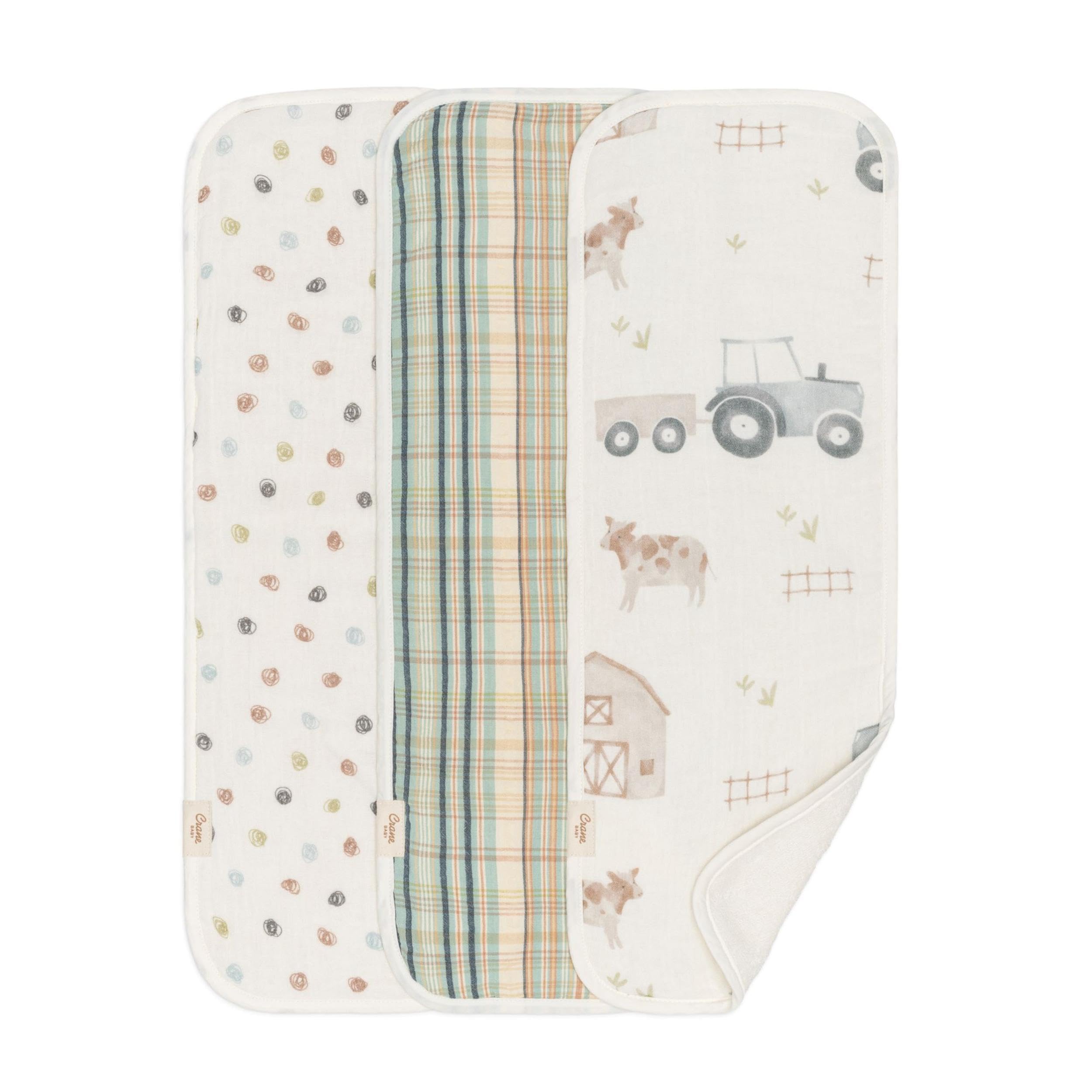 Crane Baby Burp Cloths Set 3-pc Charlie Farmhouse Tractor Collection Soft 100 Cotton Muslin Burp Cloths for Baby