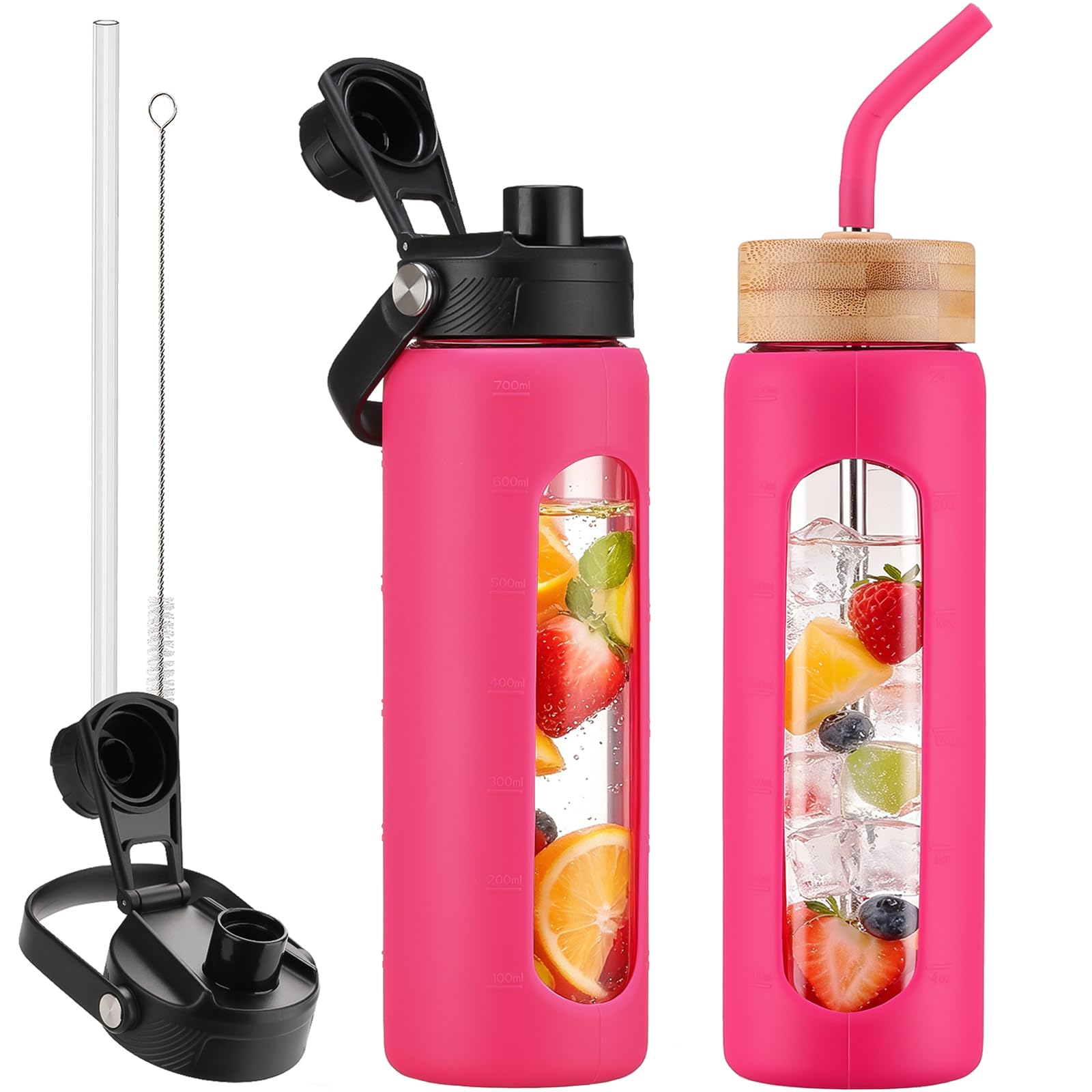 24 oz Glass Water Bottle with Straw and 2 Lids, Rore Red