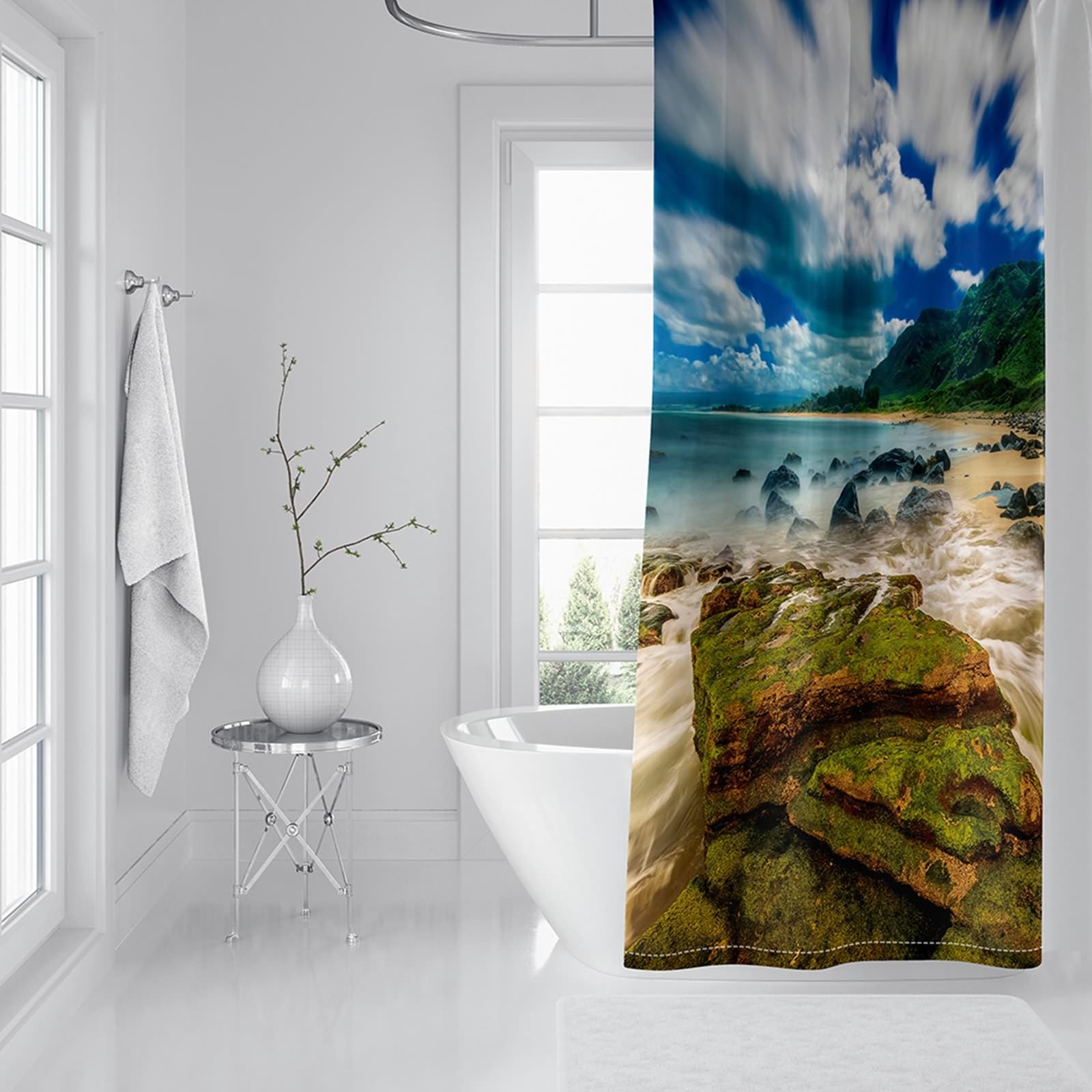 Tenda Doccia Anti Muffa, Poliestere Blu verde Paesaggio montano costiero Tenda doccia per bagno vasca da bagno, 165x200cm