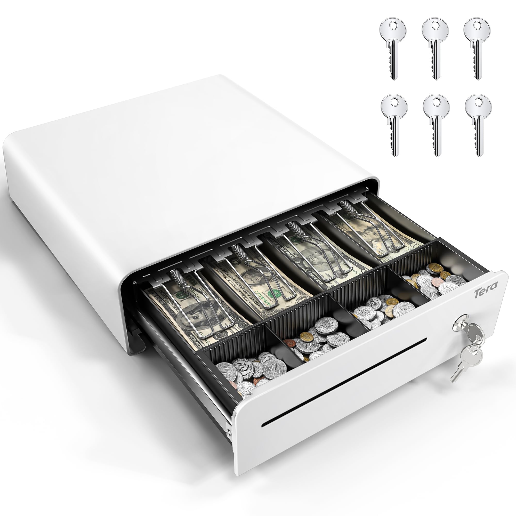 Tera Cassetto registratore di cassa da 33 cm: apertura automatica con 6 chiavi, resistente, vassoio per 4 banconote e 4 monete, slot per contanti rimovibile, 24 V, RJ12, con serratura a chiave, angolo
