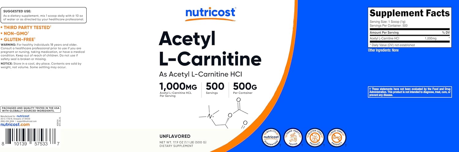 Nutricost Acetyl L-Carnitine (ALCAR) 500 Grams - 1000mg Per Serving - Pure Acetyl L-Carnitine Powder - Image 6