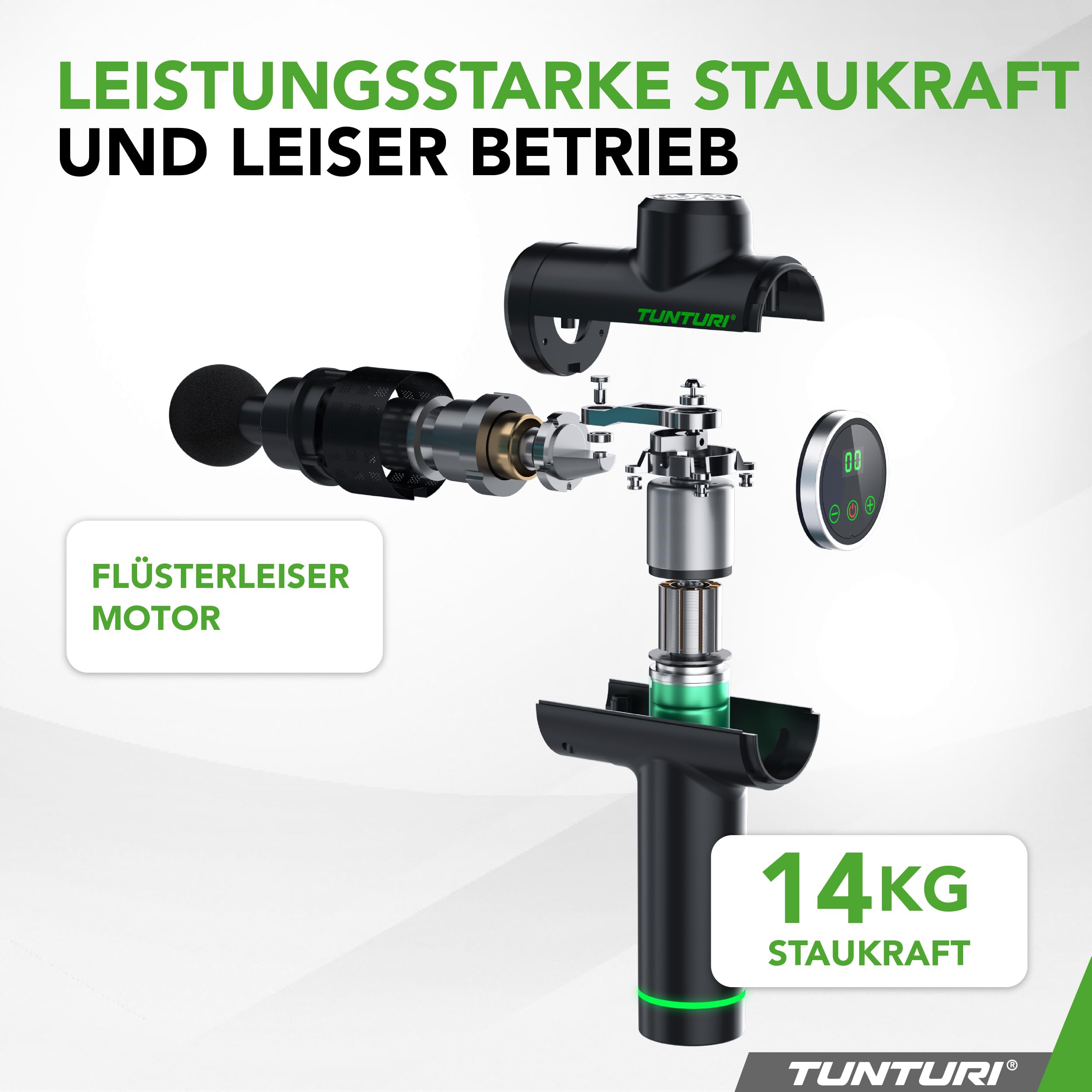 Tunturi MG40 Massagepistole – Massagegerät mit Multi-Griff – Inklusive 6 Aufsätze und Koffer – Extra kraftvoll und leise – Inkl. App