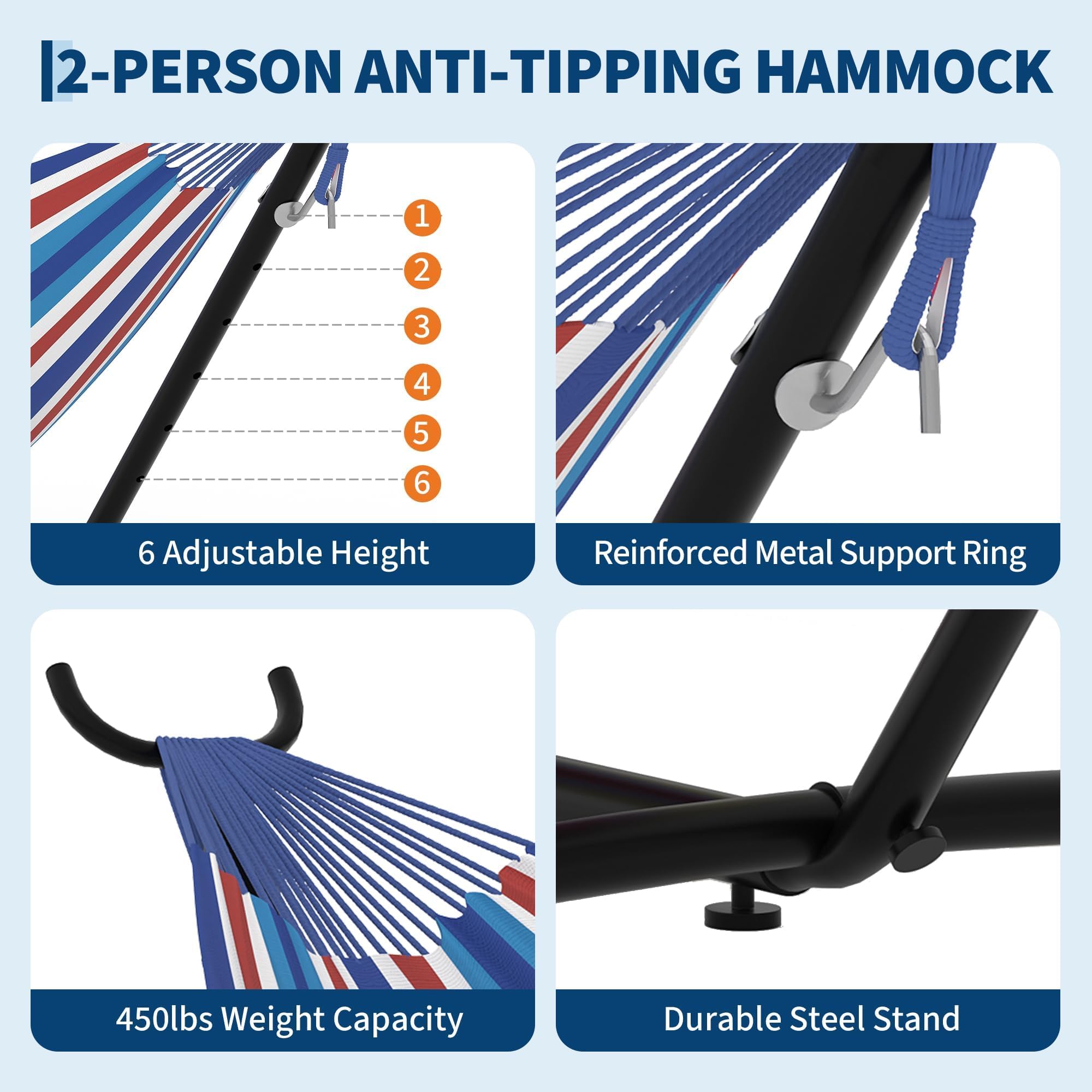 Garvee Hamaca Portátil para 2 Personas Resistente 450 Libras con Soporte Plegable - Ideal para Jardín, Playa y Camping Exterior - Rayas Azules, Blancas y Rojas