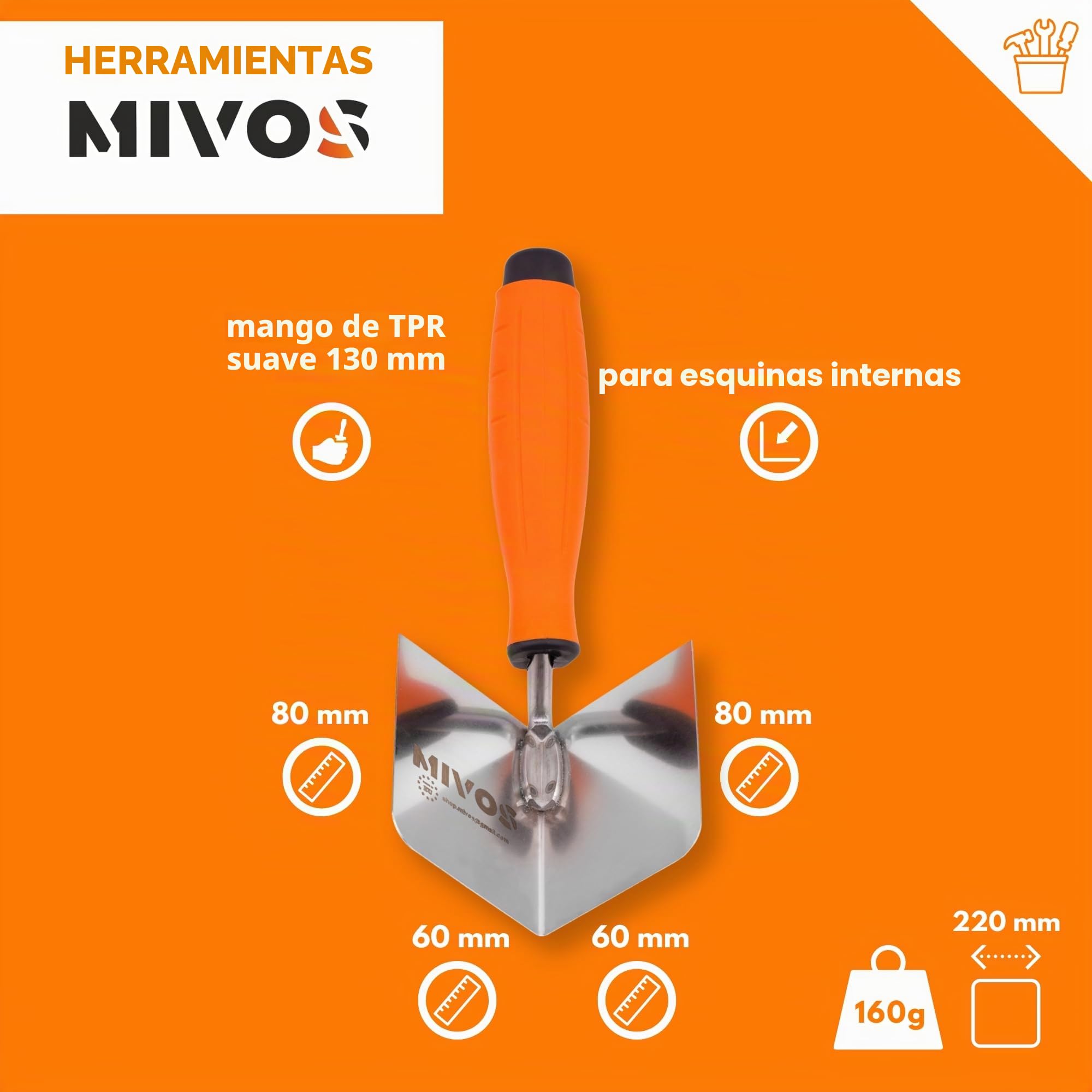 Mivos 2 Paletas de Esquina - 80 x 60 mm - Paleta de Borde Interior y Exterior de Acero Inoxidable con Mango Suave - Espátula