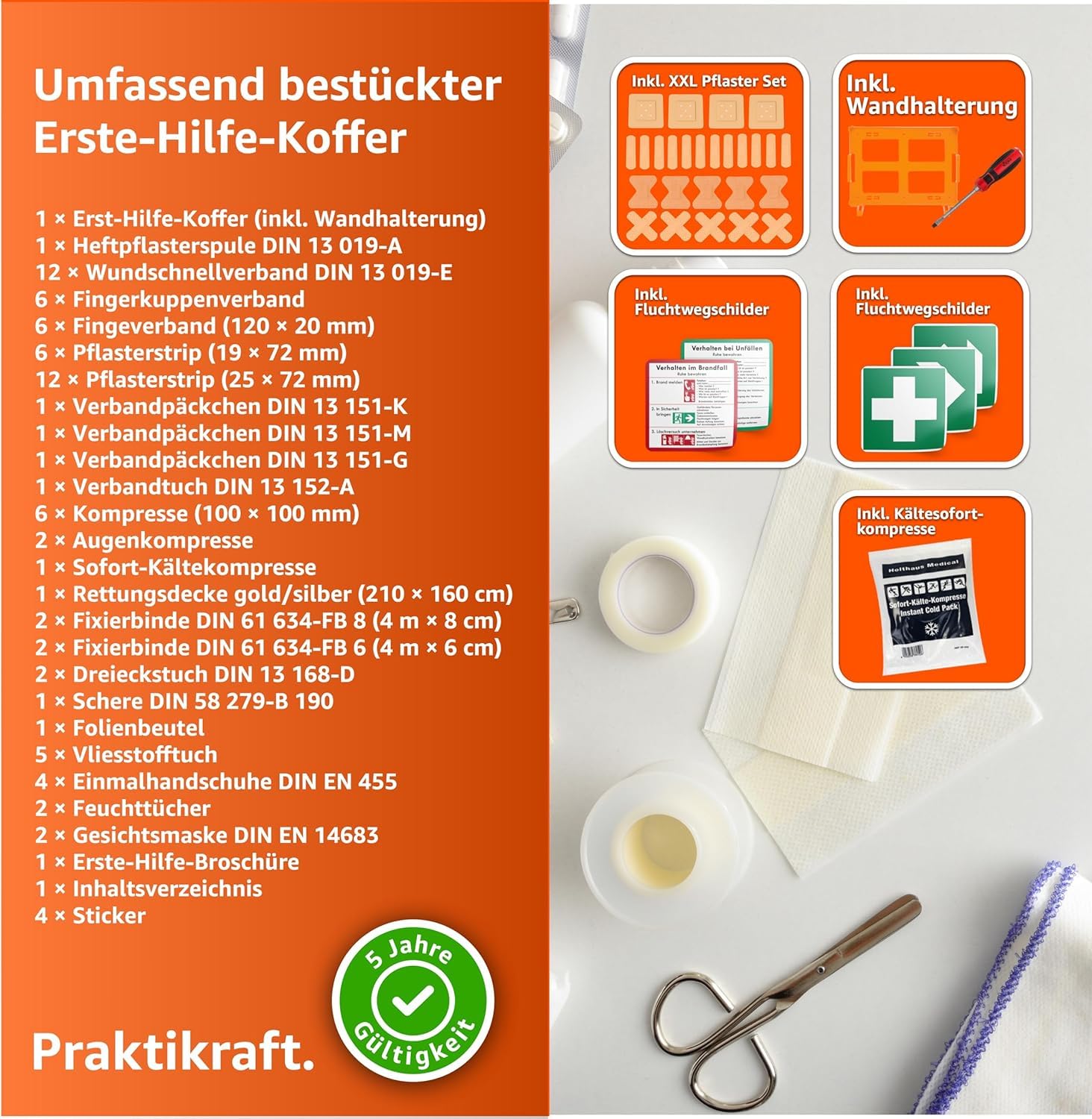 5x Erste Hilfe Koffer - DIN 13157:2021 Kasten & 5x Aufklebern - Verbandskasten orange - inkl. Wandhalterung (5)