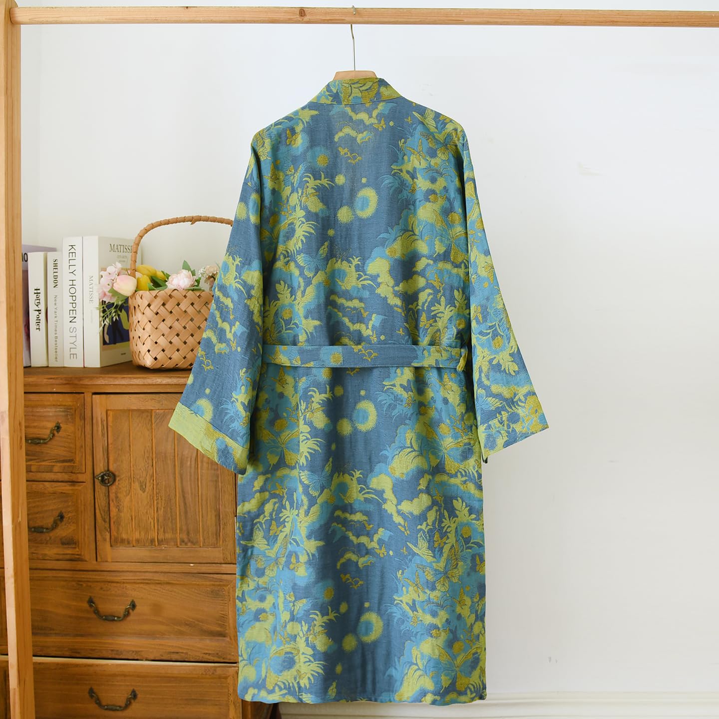PRINCESS BRIDE Bata tipo kimono de algodón teñido de hilo jacquard elegante, bata de baño tradicional suelta Yukata de longitud media para mujer, 165/88A/L (verde)