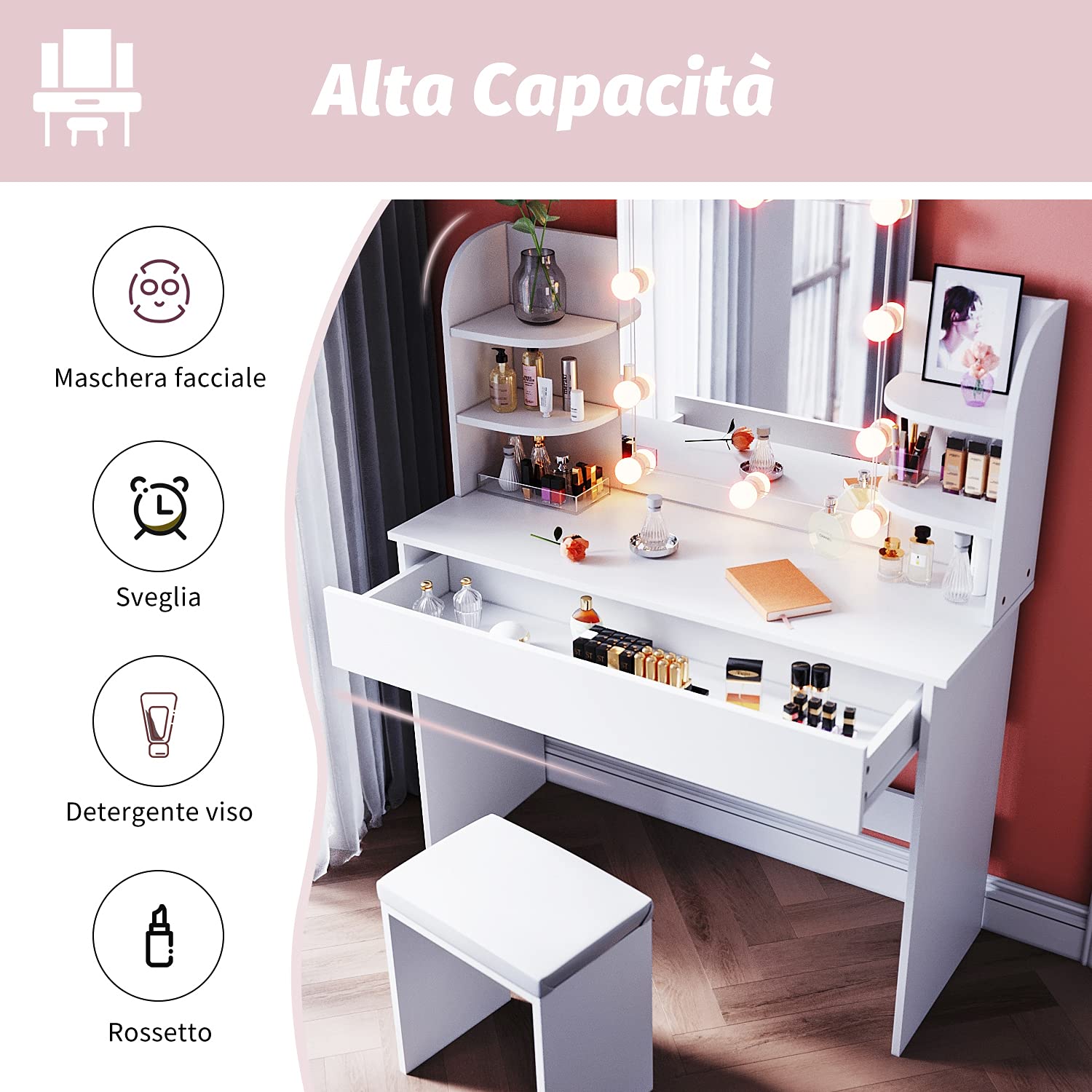 SONNI Toeletta Trucco con Luci, Tavolo da Trucco con Specchio e Sgabello,con Lampadine Luce a 3 Toni Luminosità Regolabile LED 108x40x140cm Bianco