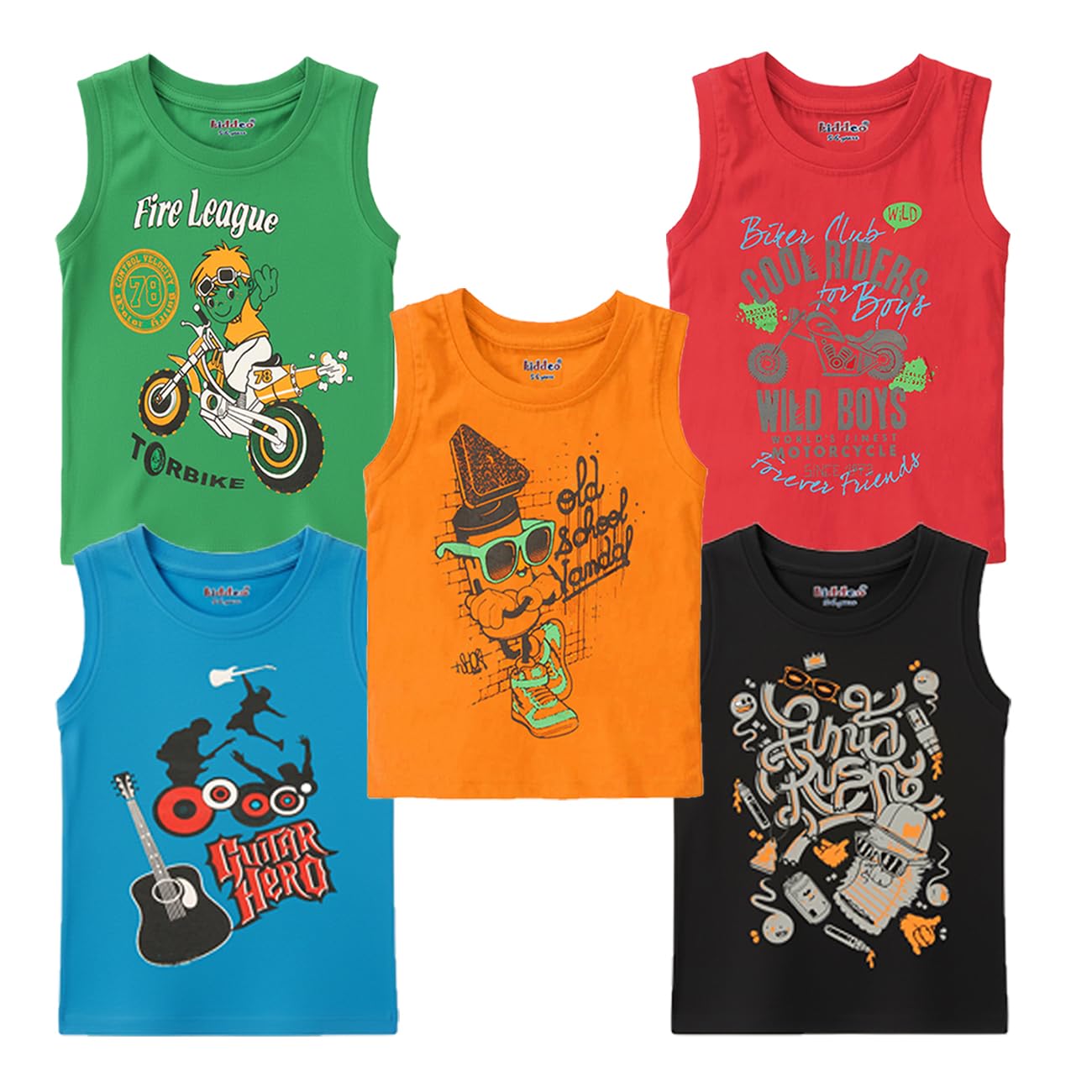 kiddeo Boys Cotton Sleeveless T-Shirt - Pack of 5