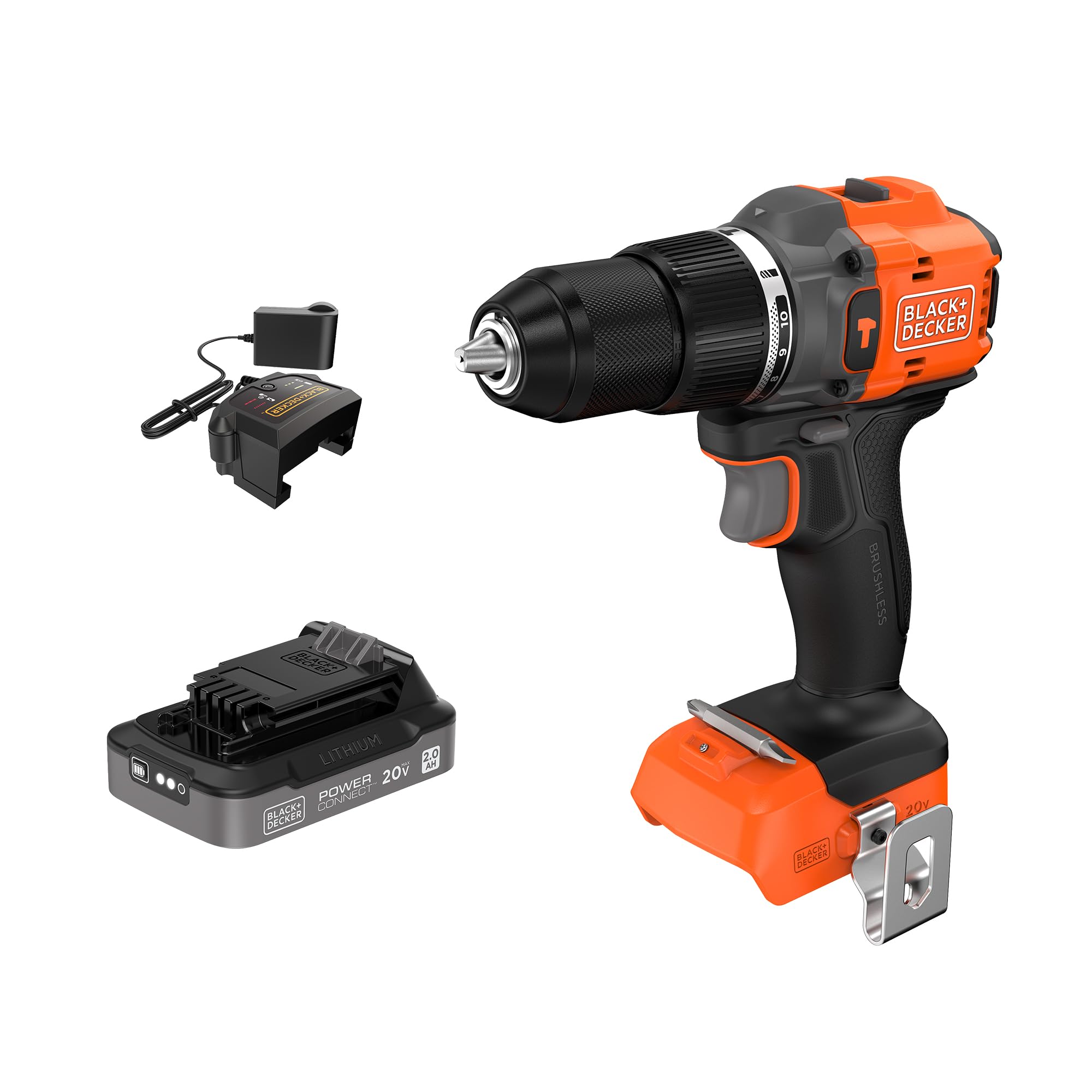 BLACK+DECKER 20V MAX POWERCONNECT Brushless Cordless ½-in. Hammer Drill Kit, Includes 2Ah Battery and Charger, Variable Speed, LED, 30000 BPM, 1900 RPM, Drills up to 23 Holes Per Charge (BLD783D1)