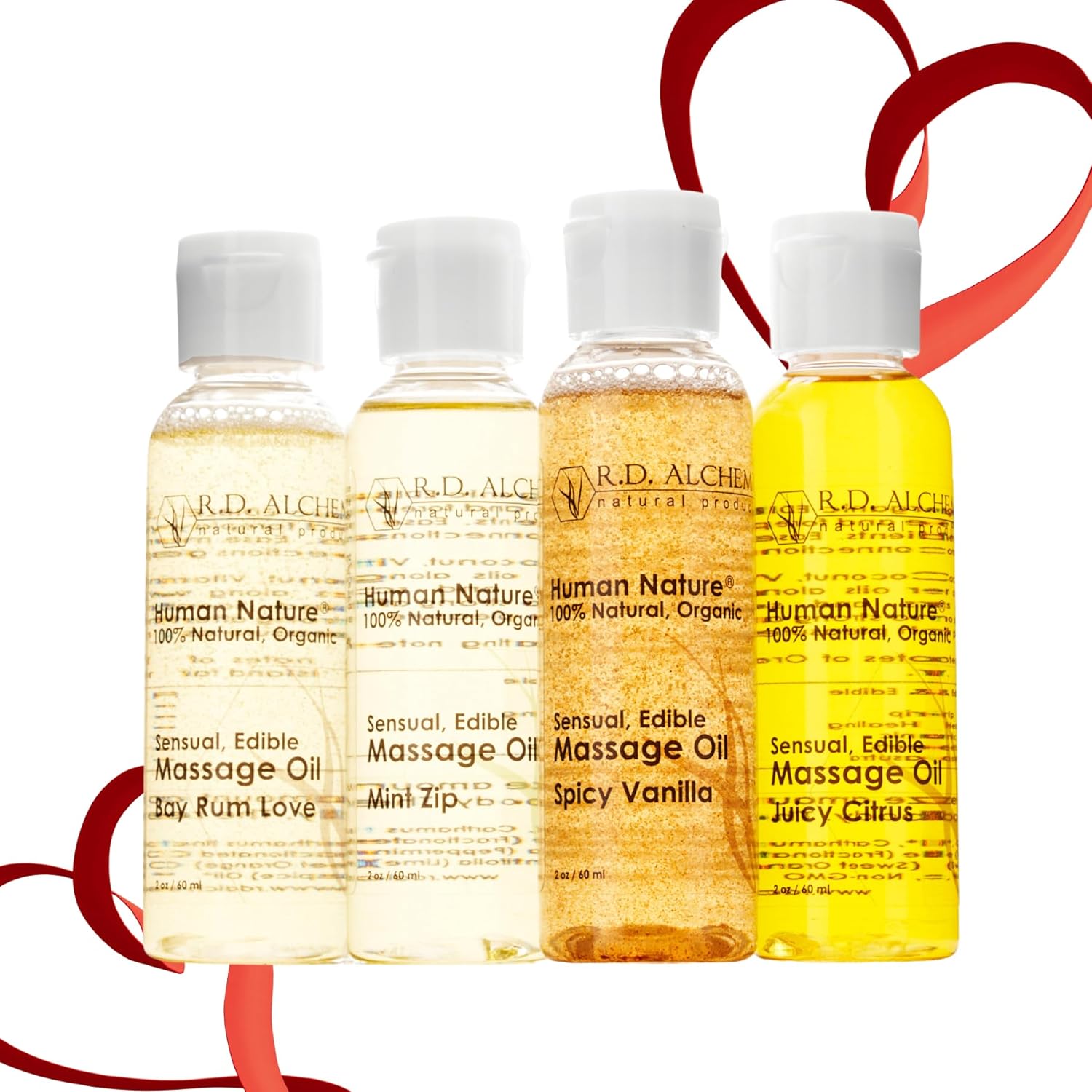 RD Alchemy - 100% Natural & Organic Edible Massage Oil Sample Pack. Contains all 4 Flavors - Bay Rum Love, Juicy Citrus, Spicy Vanilla, Mint Zip for soothing massage, bath, date night, V-Day and more!