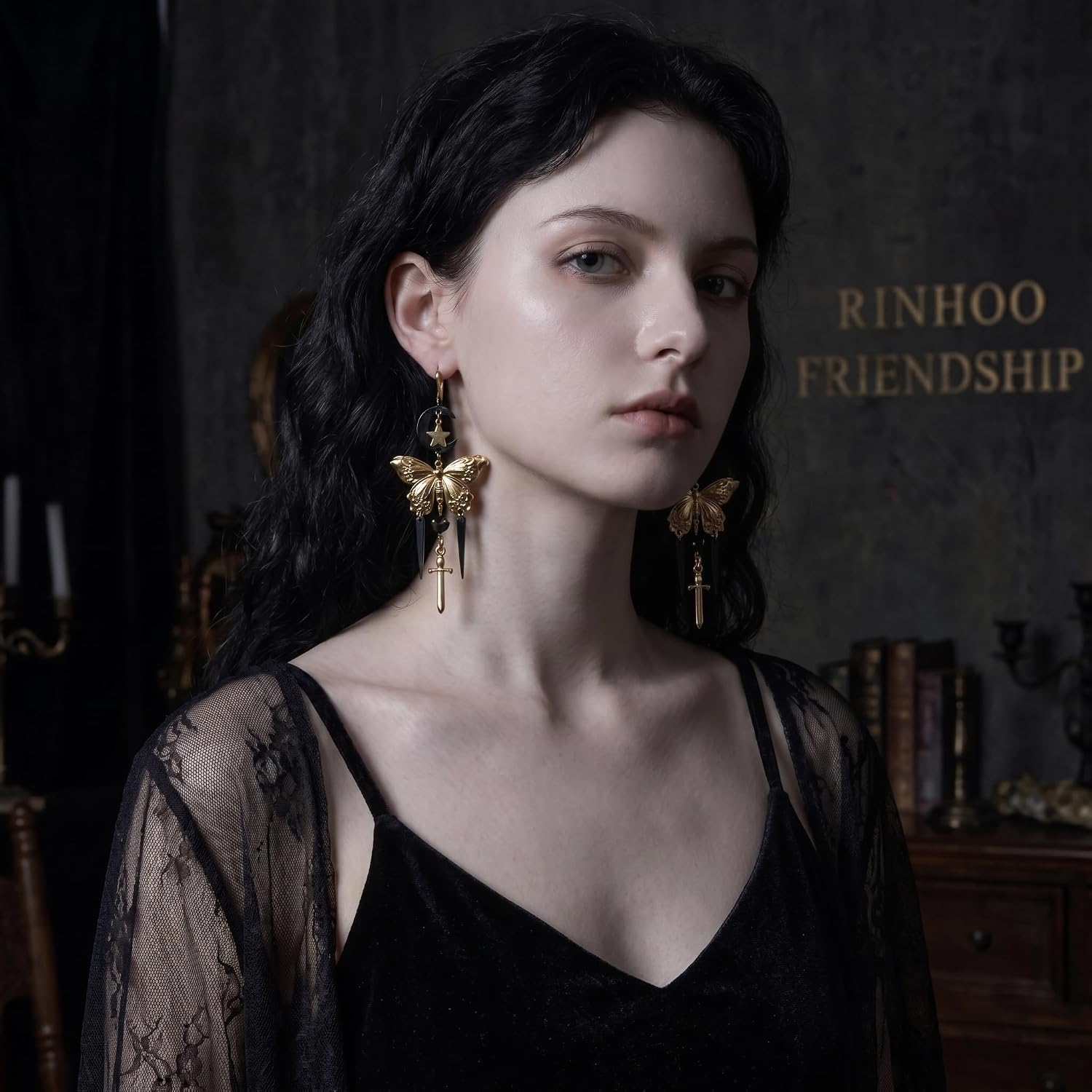 Gothic Butterfly Moon Star Dangle Earrings Goth Jewelry image 2