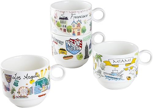Miniatura 3 de Gracie China by Coastline Imports Juego de tazas de café apilables de porcelana de 4 piezas (Nueva York, San Francisco, Los Ángeles, Miami),