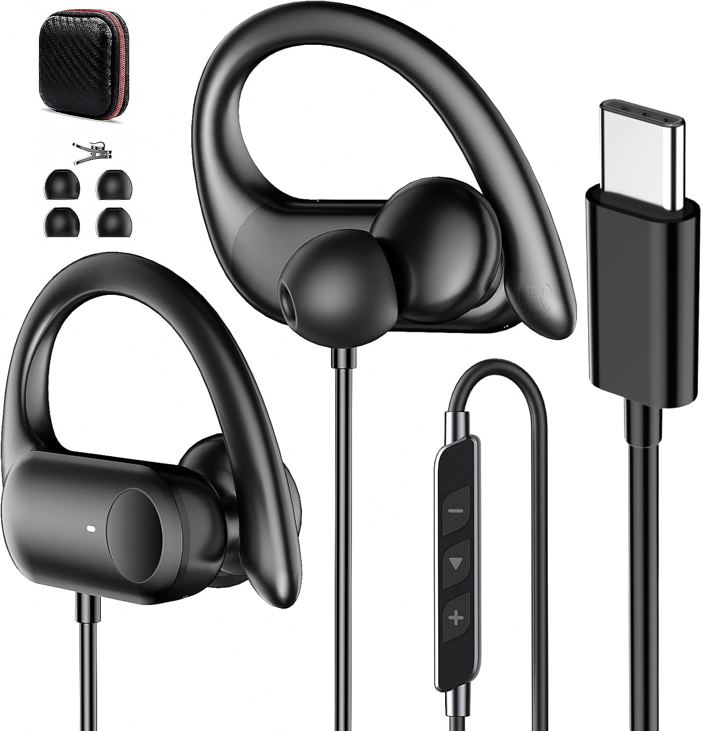 USB C Headphones Wired Over Ear Earbuds for iPhone 17 16 Pro Max 16e 15/Samsung S26 S25 Ultra S24 S23 A16,Wired Earbuds with Ear Hooks Mirophone,Type C Running Sport Headset for iPad 10 11 Air/Android