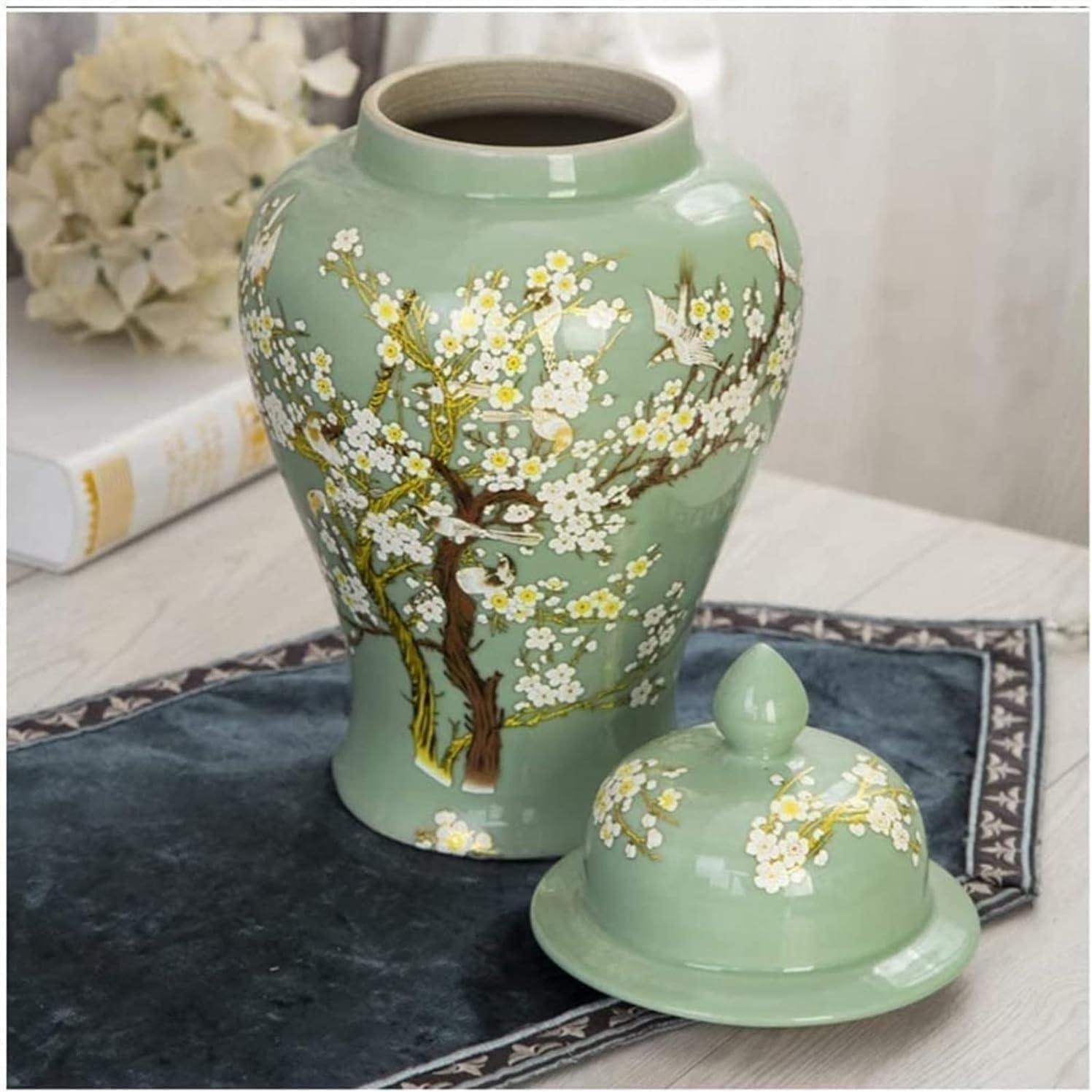 Ceramiczny zielony wazon na imbir w kształcie kwiatu śliwki do dekoracji domu, ceramiczny wazon na imbir w stylu chinoiserie z pokrywką (zielony mały)