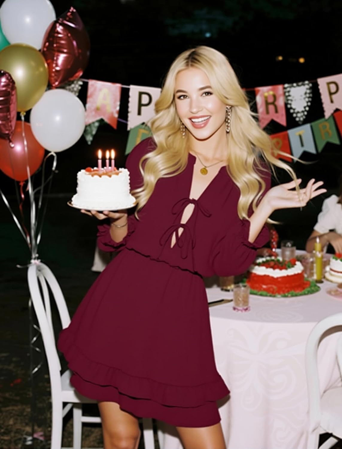 Angashion Womens Tie Front Mini Dress: V Neck Long Sleeve Layer Ruffle Hem Dress with Pockets - Image 2