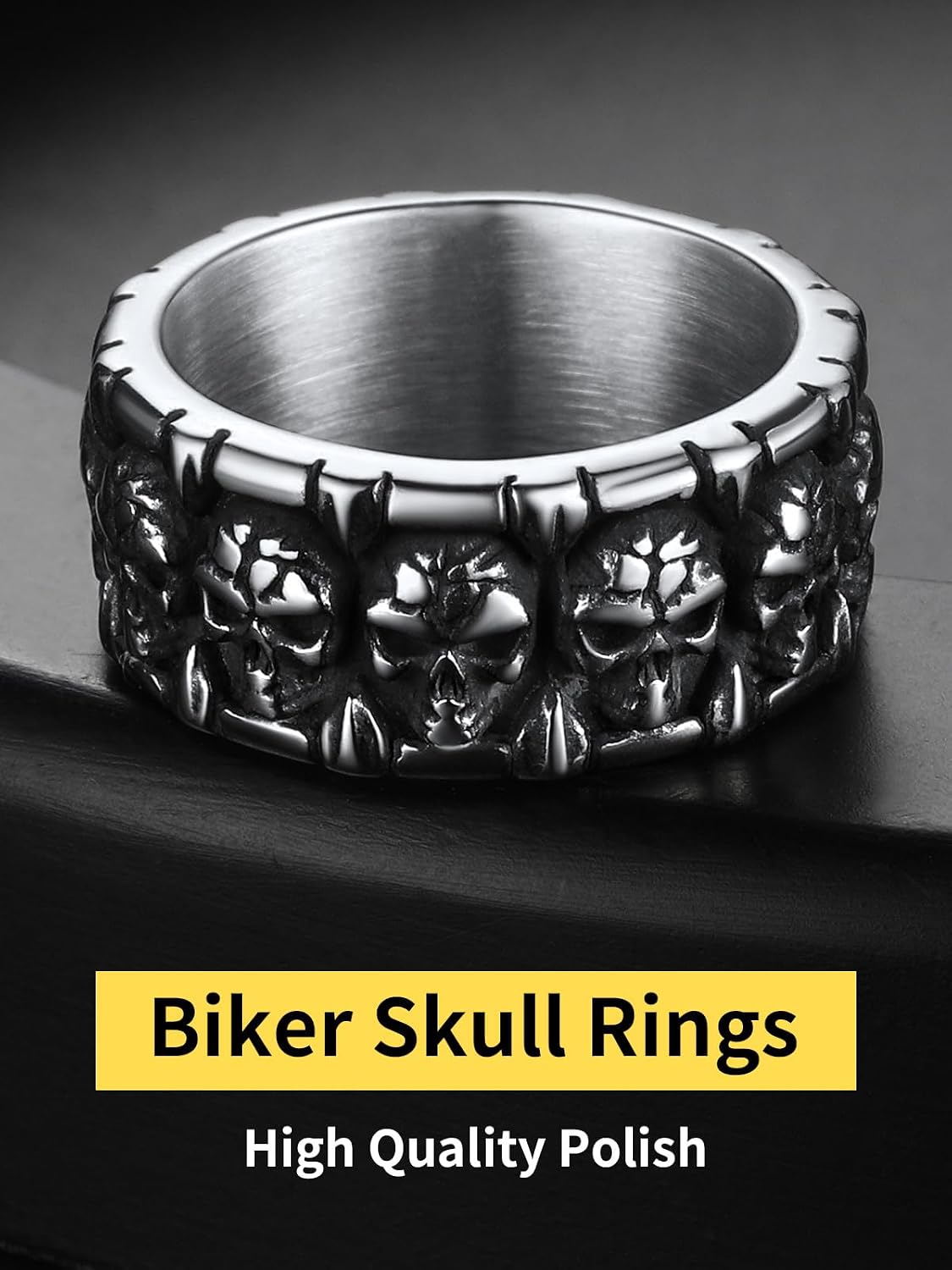 ChainsHouse Skull Rings for Men, Stainless Steel/Black Plated Gothic Rings, Skeleton Cocktail Party Biker Ring, Offer Custom Service, Size 7-14, Send Gift Box