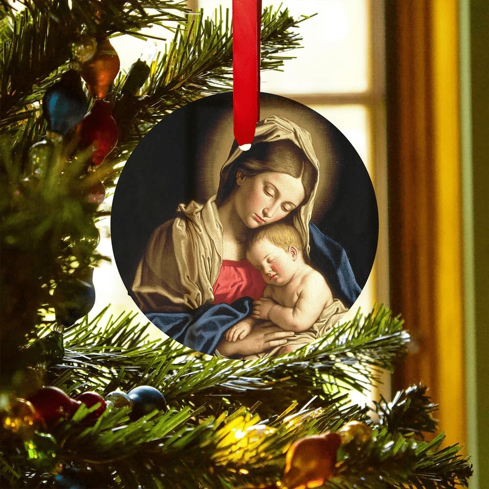 Sassoferrato Madonna & Child Glass Ornament - Traditional Catholic & Christian Christmas Decor, Religious Decorative Hanging Ornaments for Tree - Nativity, Faith - Image 2