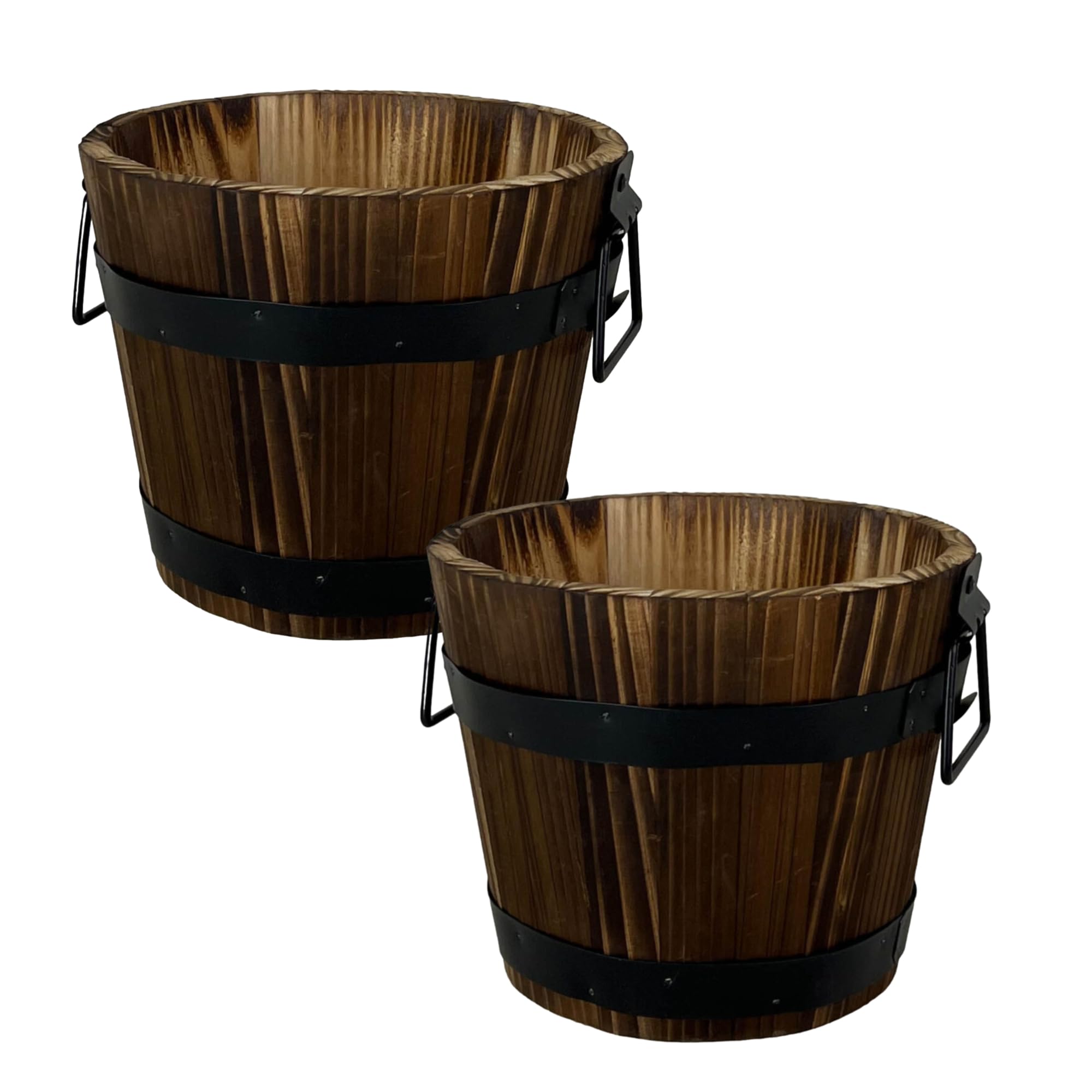 Fyne-Finds Round Wooden Whiskey Barrel Planter 28cm, 11inch Garden Pot with Metal Handles Band Outdoor Tub Weatherproof DrainageHoles (2)