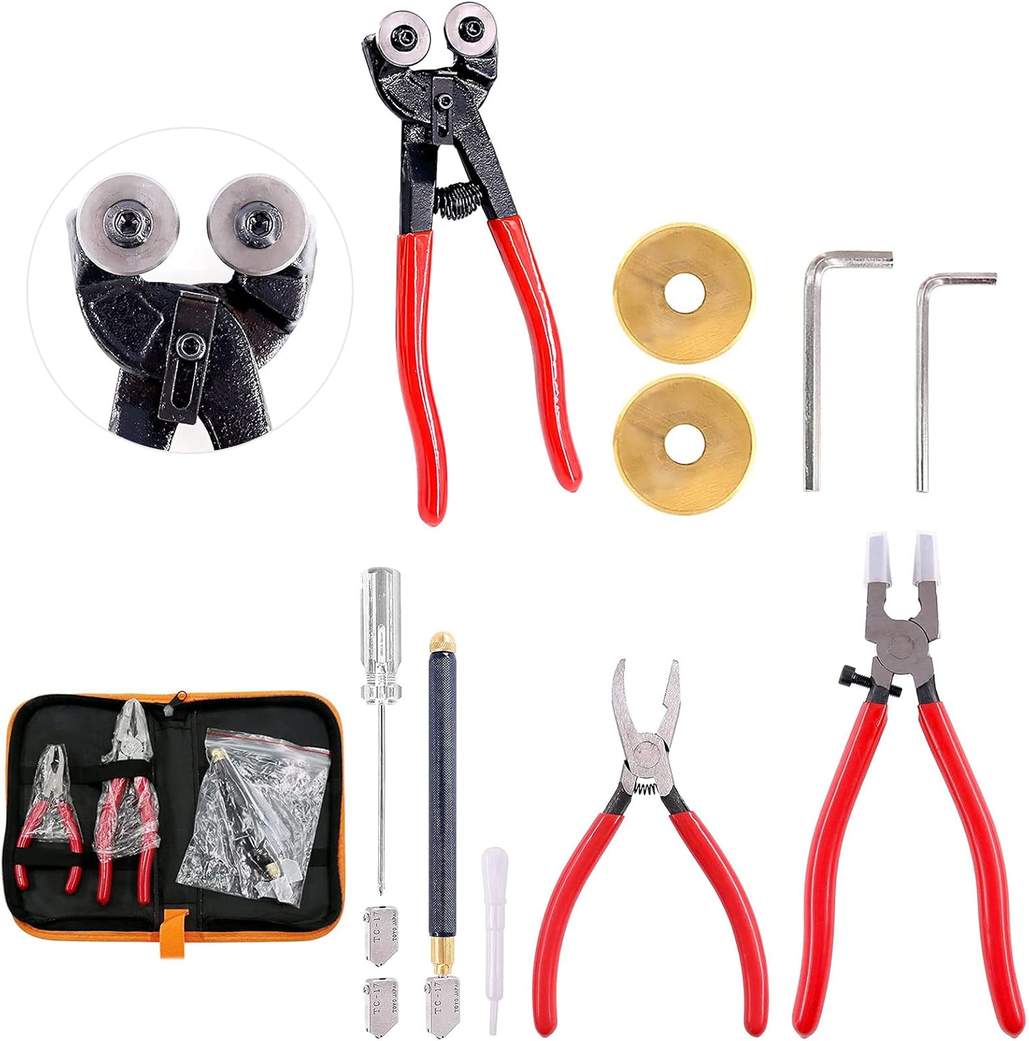 Swpeet 5Pcs Heavy Duty Glass Mosaic Cutter Kit and 9Pcs Glass Cutter Tool Kit and Breaker Grozer Pliers and Curve Jaw Glass Running Pliers Kit