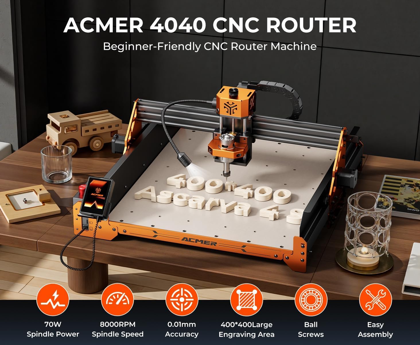 ACMER Ascarva 4S frezarka CNC, frezarka do drewna CNC o mocy wrzeciona 70 W i całkowitej mocy 120 W, blat roboczy 400 x 400 cm, nadaje się do grawerowania i cięcia drewna, plastiku, akrylu, MDF