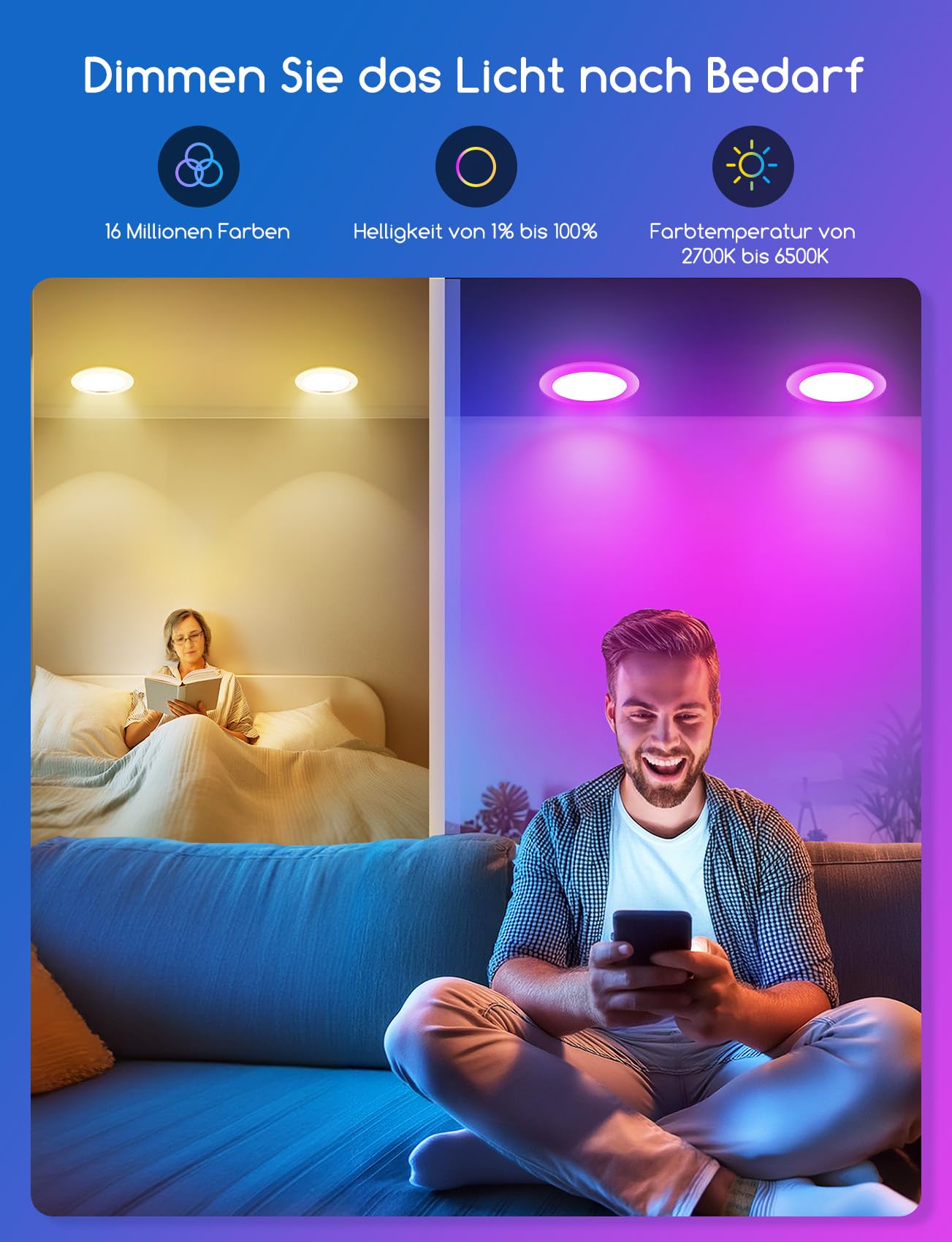 Aigostar Einbaustrahler Intelligente LED Downlight mit Fernbedienung, 6W Einbauleuchte Bluethooth Mesh, Farbe Einstellbar und Weißes Licht 2700K-6000K, Kompatibel mit Alexa, Ф100-110mm, 8 Stück