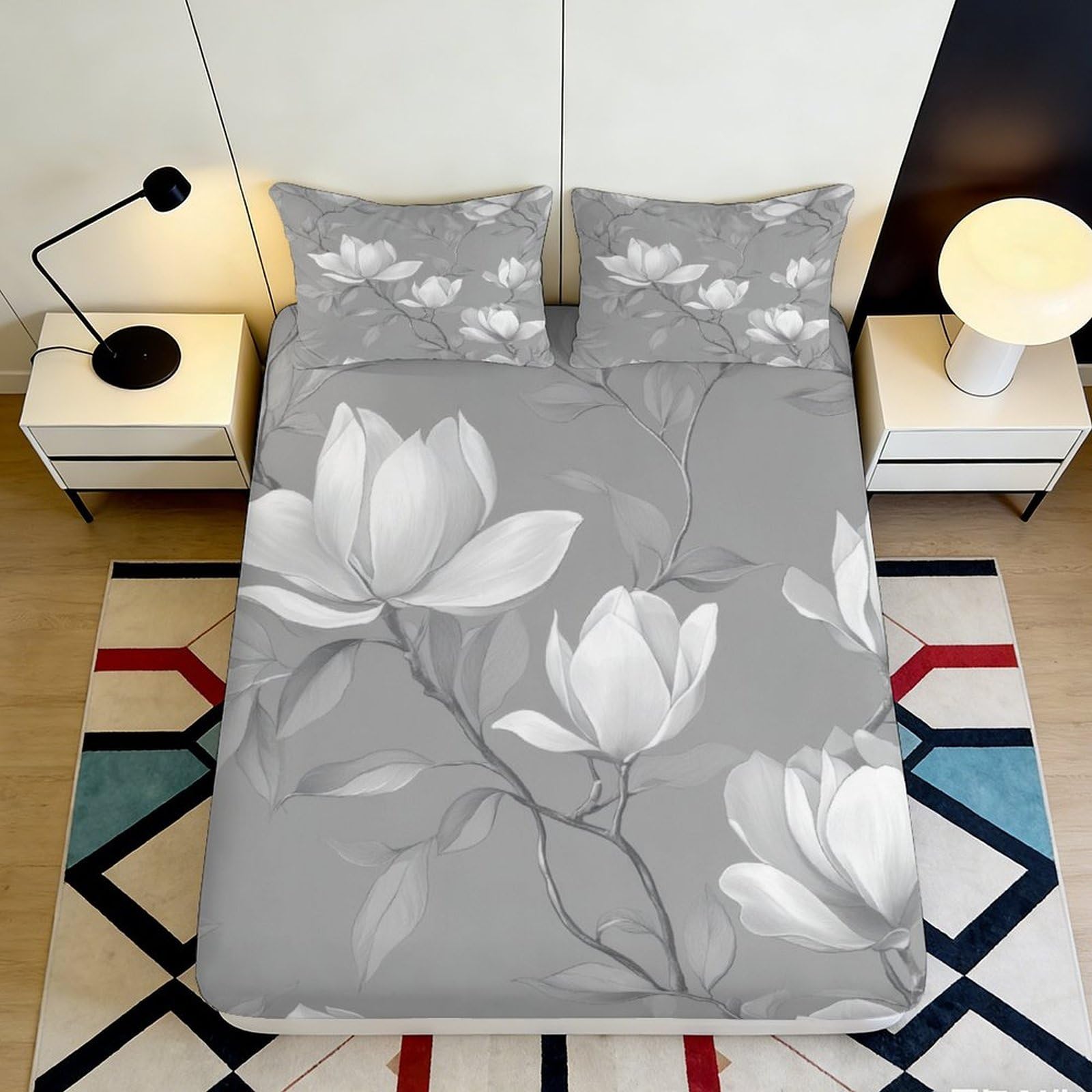 Pnayamiorkfel Style-8 3D Printed Magnolia Blossom Fitted Sheet Microfiber Soft Grey Floral Bed Cover For Bedroom Guest Room Decor 90X200x25cm