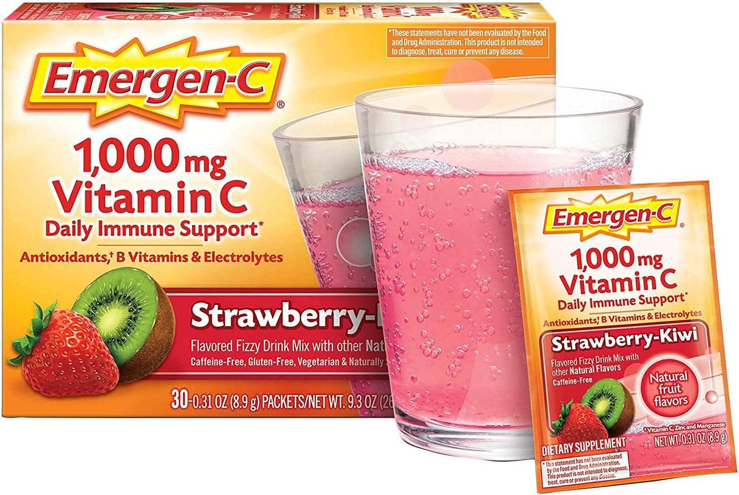 Emergen-C 1000mg Vitamin C Powder, with Antioxidants, B Vitamins and Electrolytes, Vitamin C Supplements for Immune Support, Caffeine Free Fizzy Drink Mix, Strawberry Kiwi Flavor - 30 Count/1 Month Supply