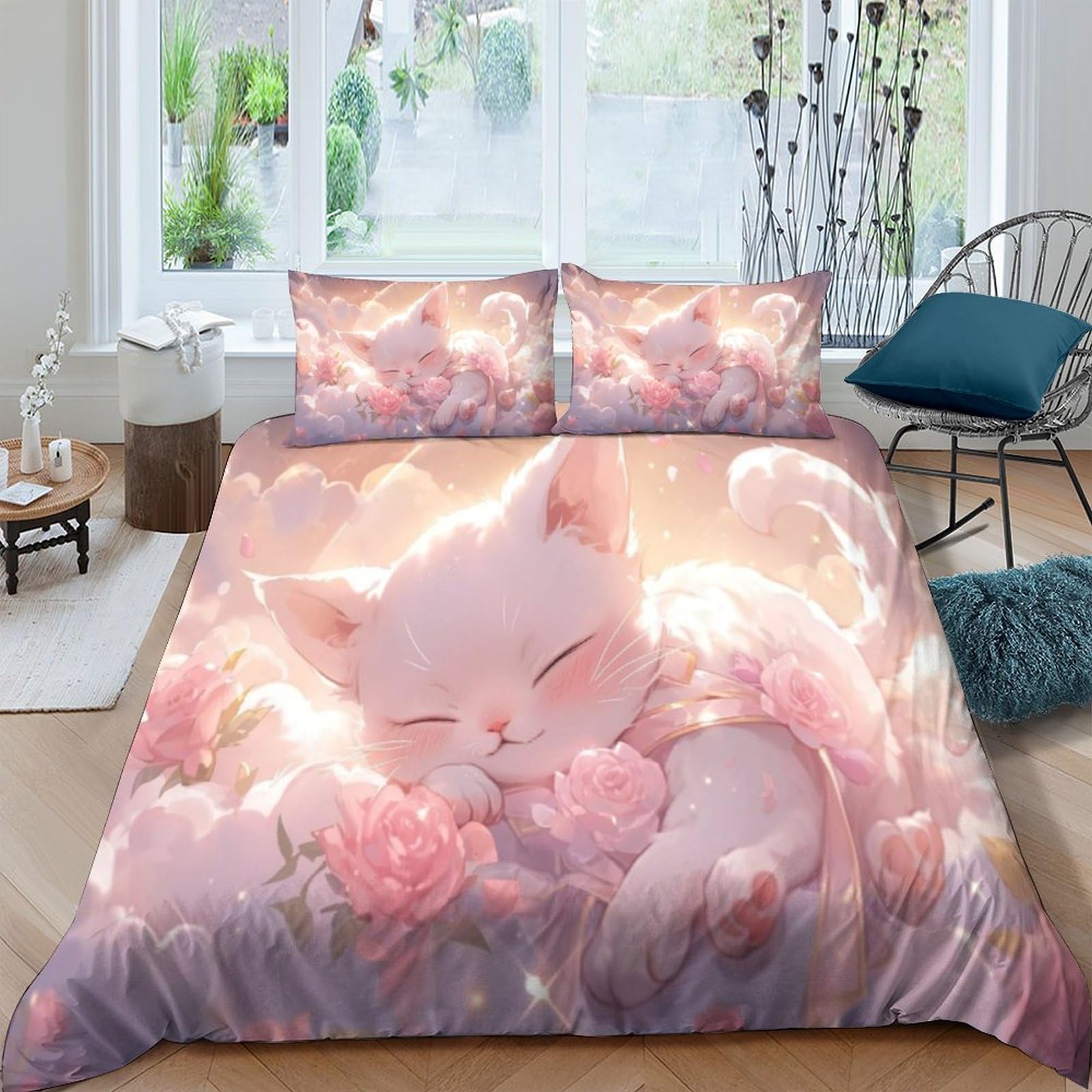 Housse de couette chat mignon 220x240 rose avec taie d'oreiller IOFEER