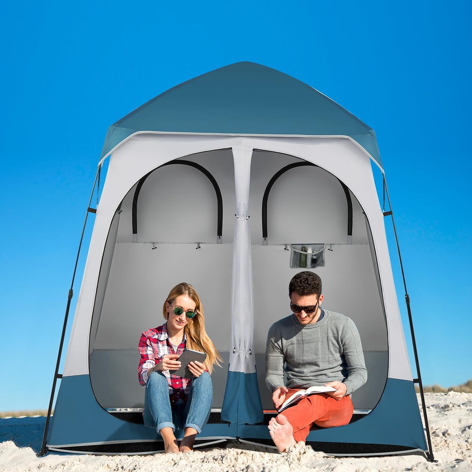 2 Room Shower Tent, 7.5 FT Instant Pop Up Shelter Pop Up Shower Tent,Privacy Changing Room with Carrying Bag, Perfect for Camping, Portable Toilets and Outdoor Dressing