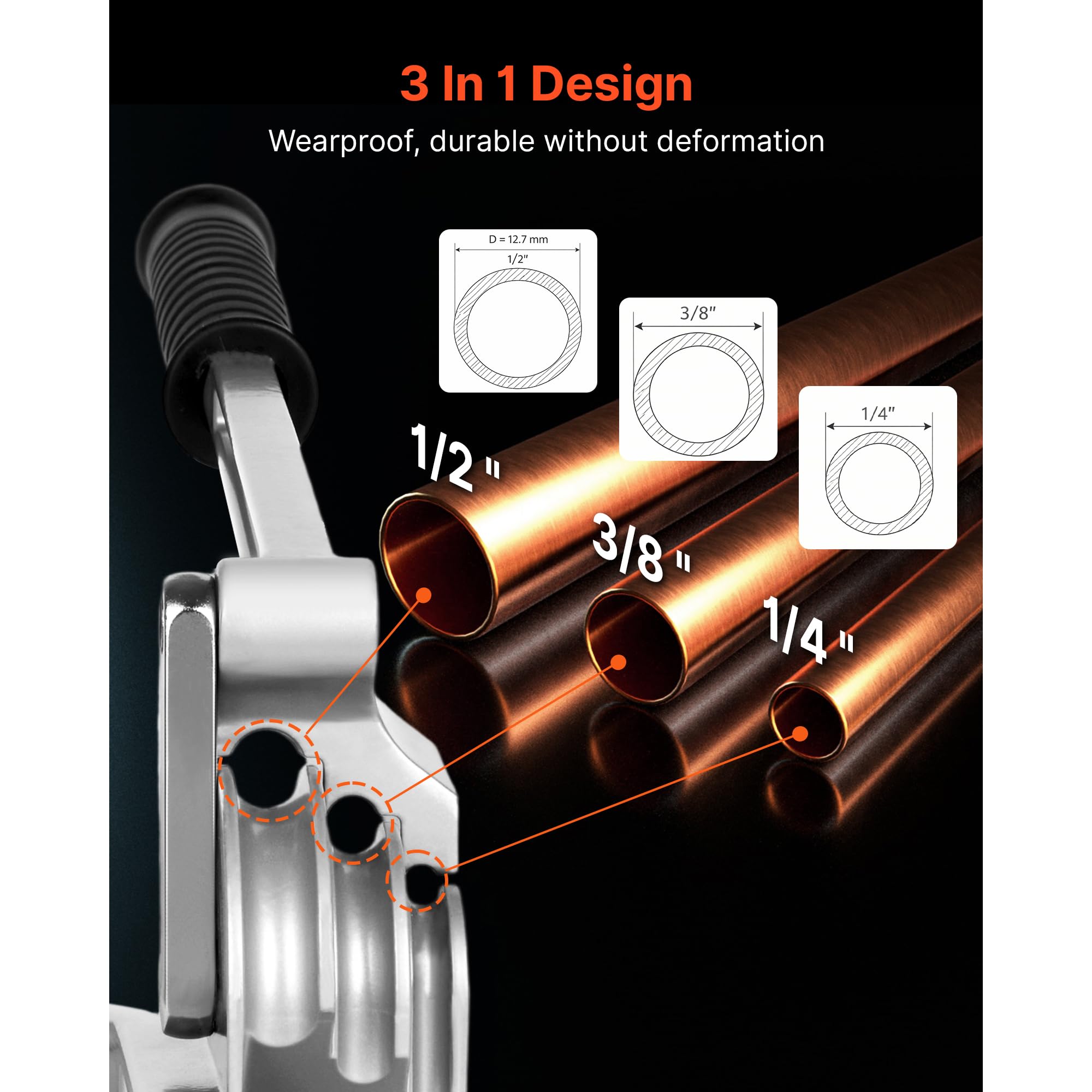 VEVOR Piegatubi 3 in 1, Diametro Esterno 1/4" 3/8" 1/2" per Rame Alluminio 180° HVAC