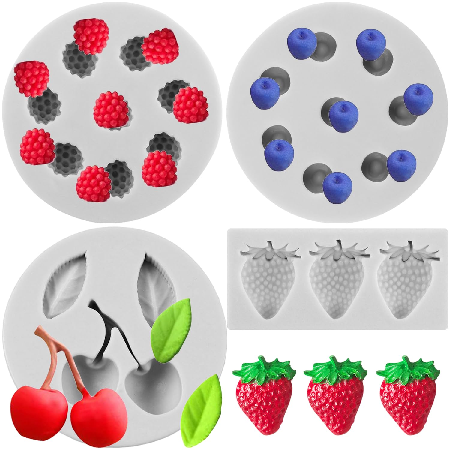 Sijiangmold Blueberry Raspberry Cherry Strawberry Fondant Moulds Berry Series Silicone Mould for Fruit Cake Decoration Cupcake Topper Chocolate Gum Paste Candy Polymer Clay Set of 4