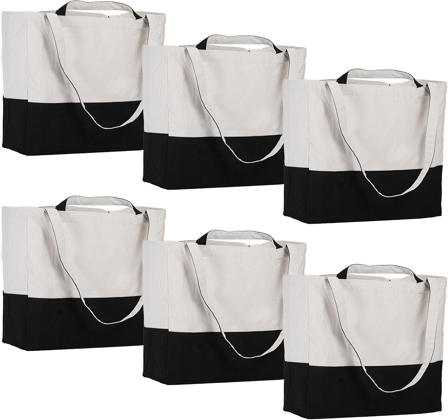 LINICE Canvas Tote Bag Reusable Grocery Bags with Long Shoulder Strap and Short Handle Foldable Heavy Duty Washable (Black-6pack)